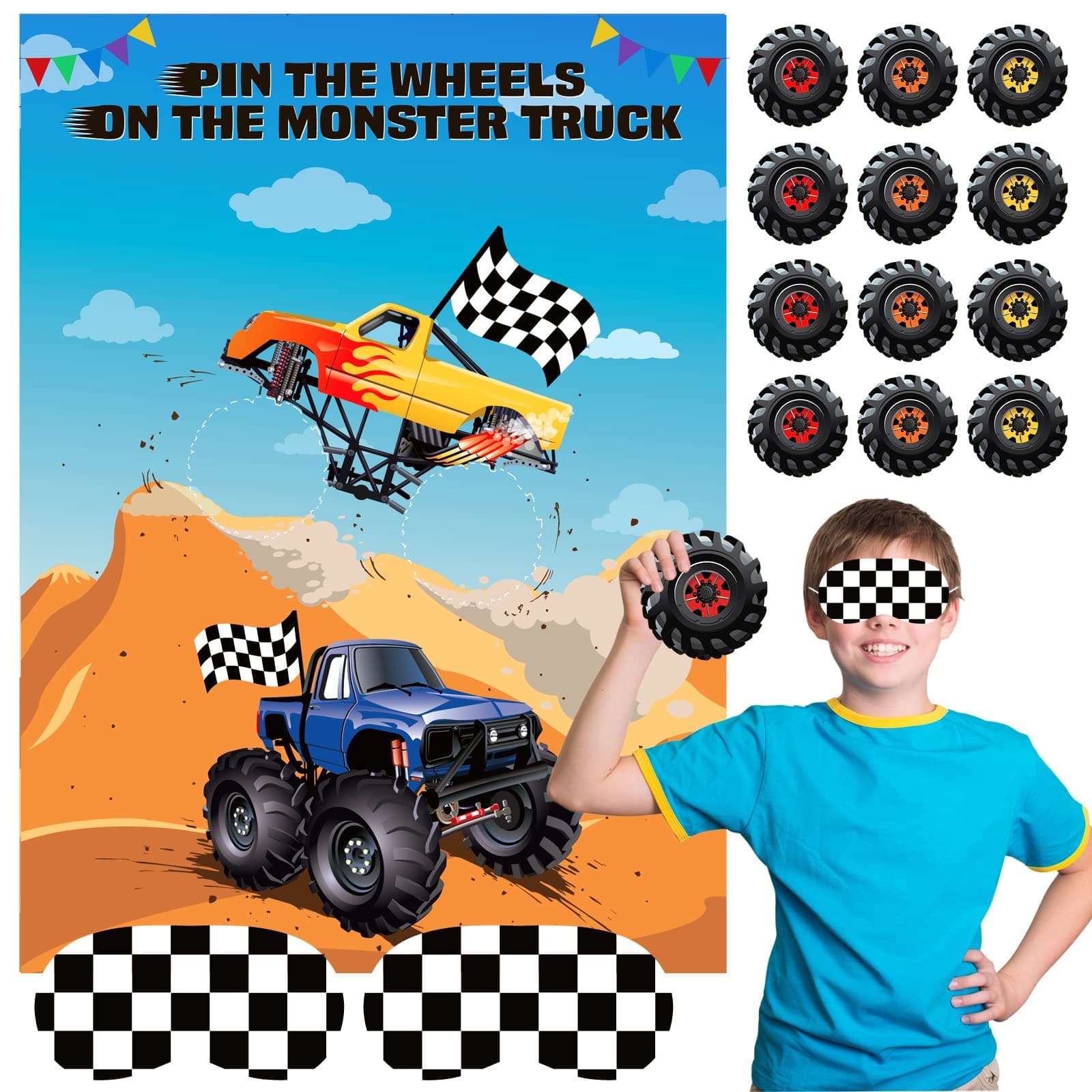 Pin The Tail Games Pin The Wheels on The Truck Party Game with 30 Tyres Stickers for Car Theme Birthday Party Supplies, Boys Party Baby Shower Background Christmas Party Gifts Favors