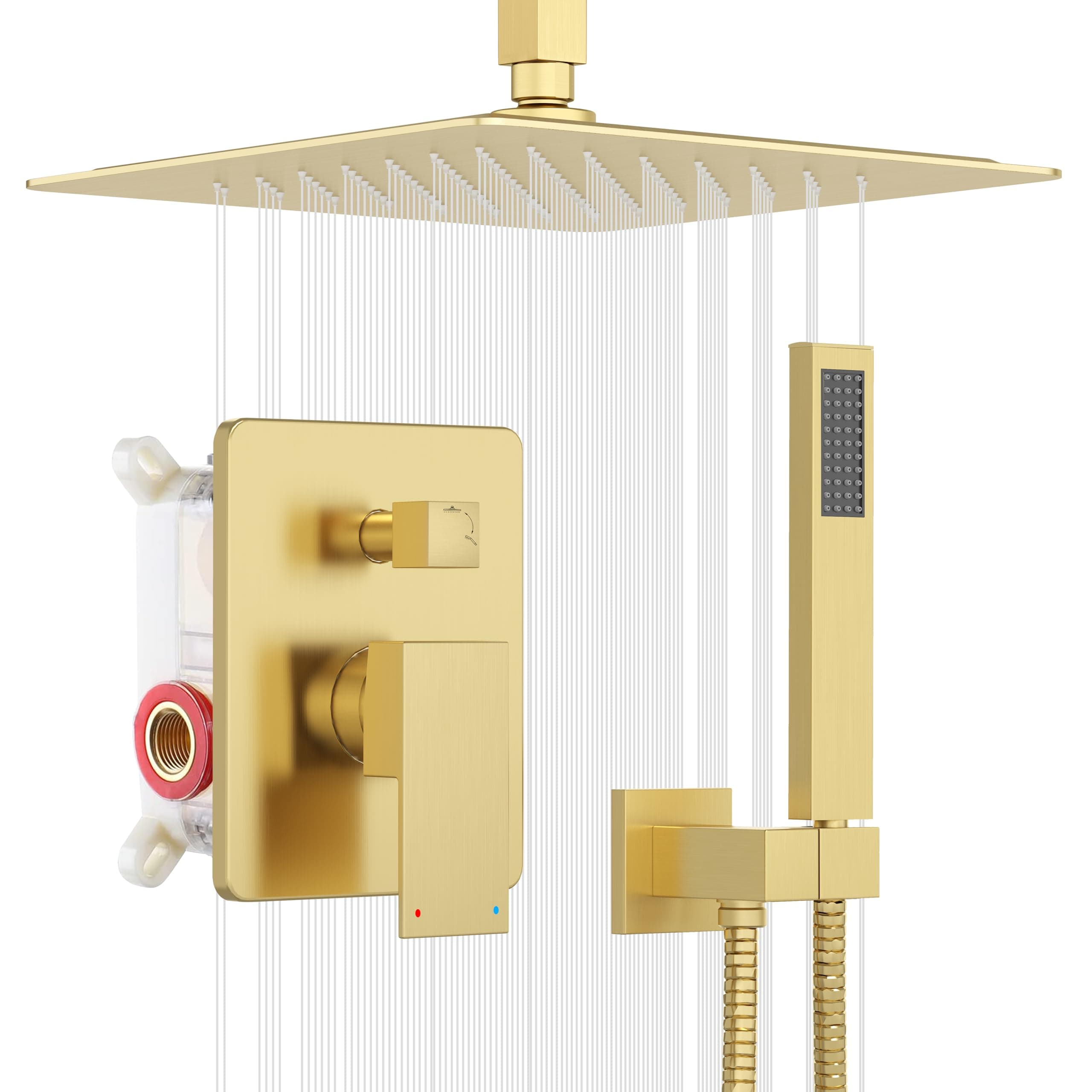 ESNBIA Gold Shower Head System, All Metal 12 Inches Ceiling Shower Faucet Set with Valve, Rain Shower Head with Handheld Spray Combo, Brushed Gold