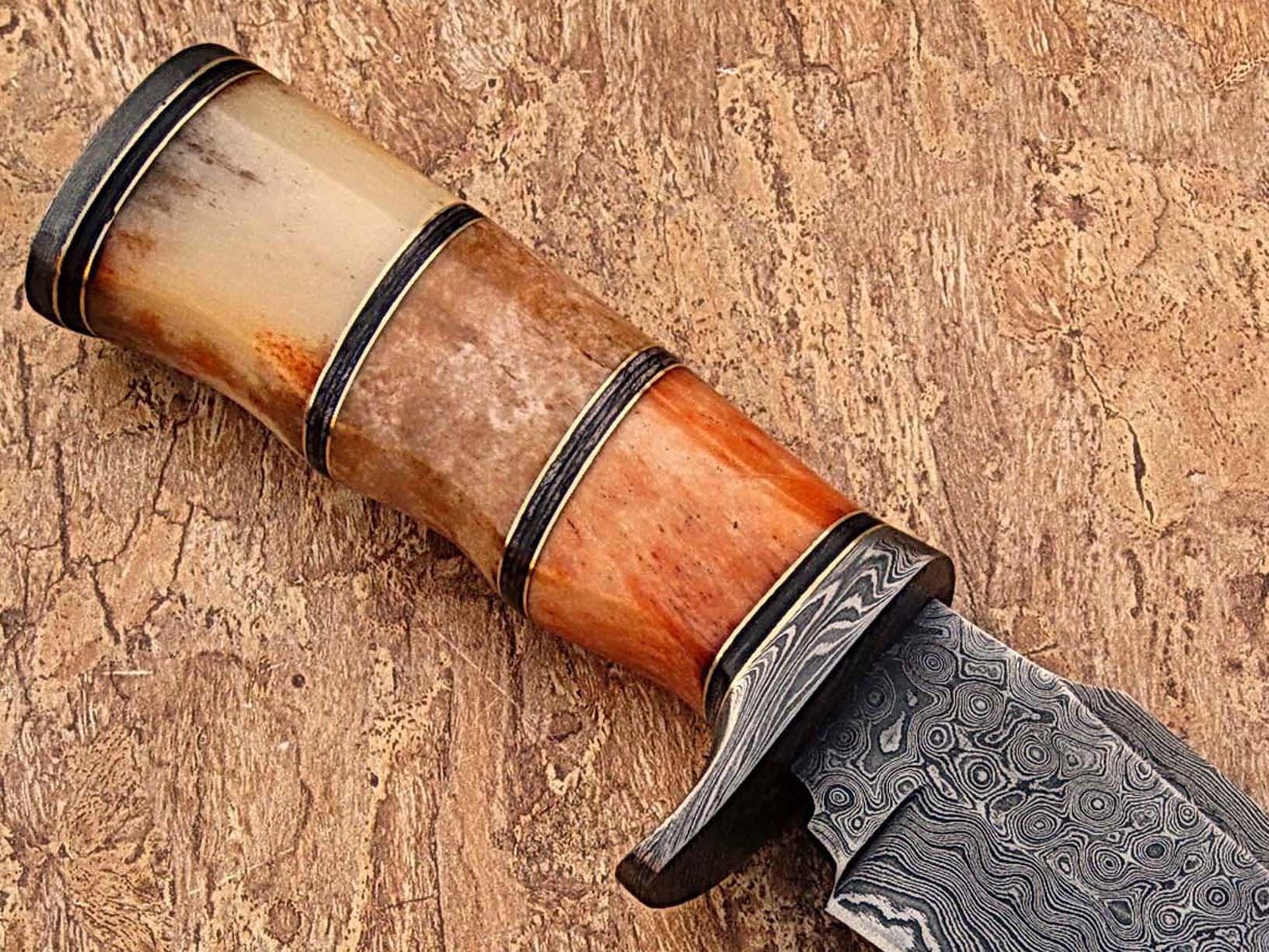 RA-2566 Custom made damascus steel hunting knife bone handle, with real leather sheath.
