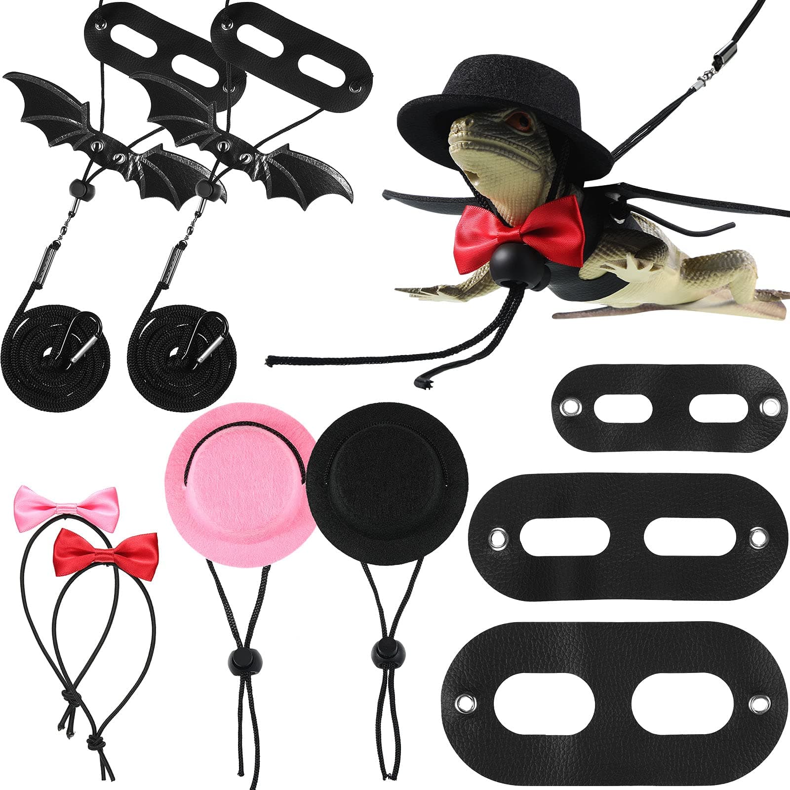Frienda 6 Pieces Lizard Leash Harness Set Adjustable Bearded Dragon Reptile Harness in 3 Sizes with Bat Wings Adorable Hat and Bowtie for Bearded Dragon Lizard Reptile Amphibian Small Pets, 2 Colors