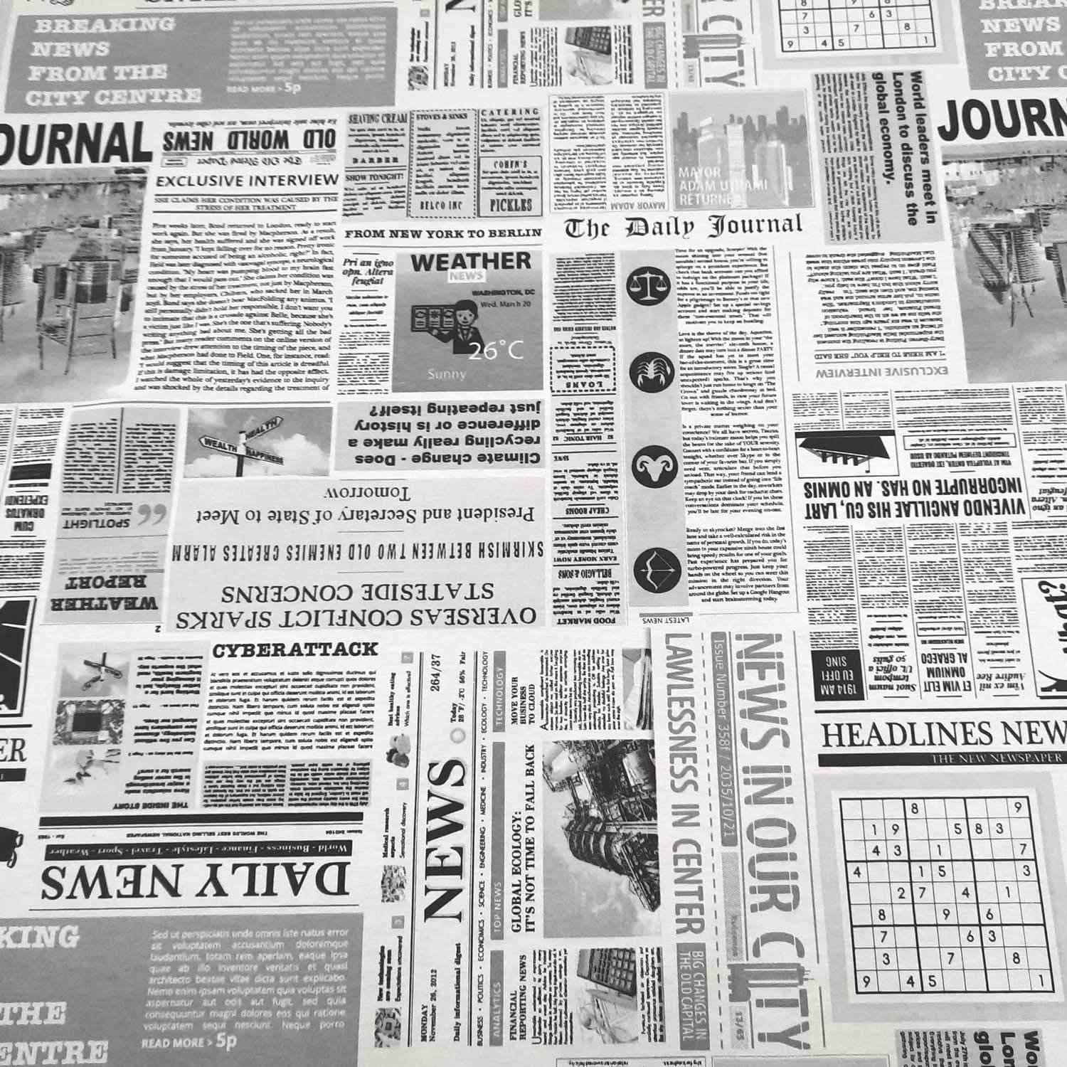 Fabric with Newspaper Motif Cotton Easy Care Black White Table Cloth, Sold by the metre