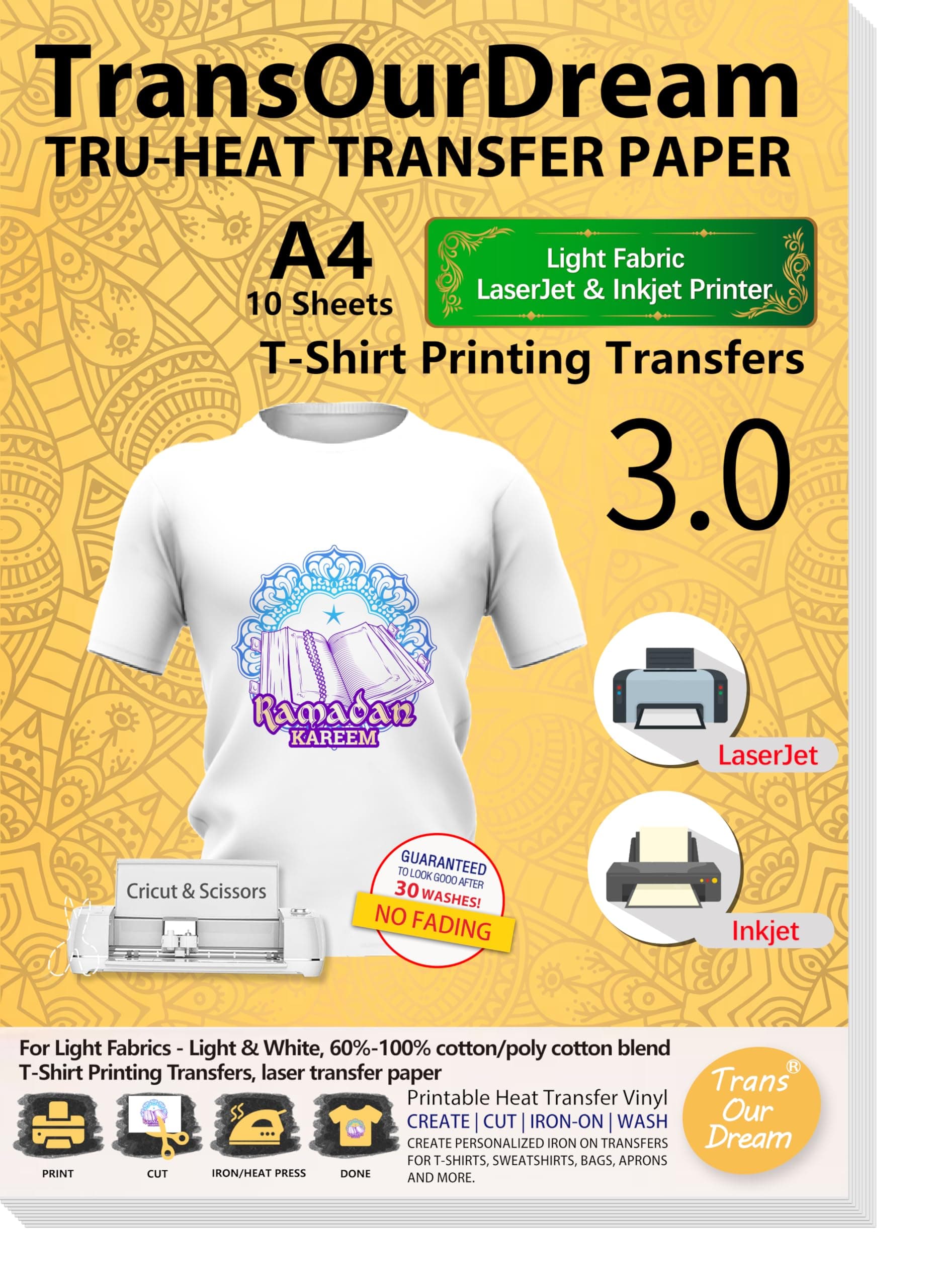 TransOurDream Iron on Heat Transfer Paper for Light T Shirts (10 Sheets, A4, Light 3.0) Printable HTV Heat Transfer Vinyl for Inkjet & Laserjet Printer Iron on Transfers for T Shirts (ARAB-L3-10)
