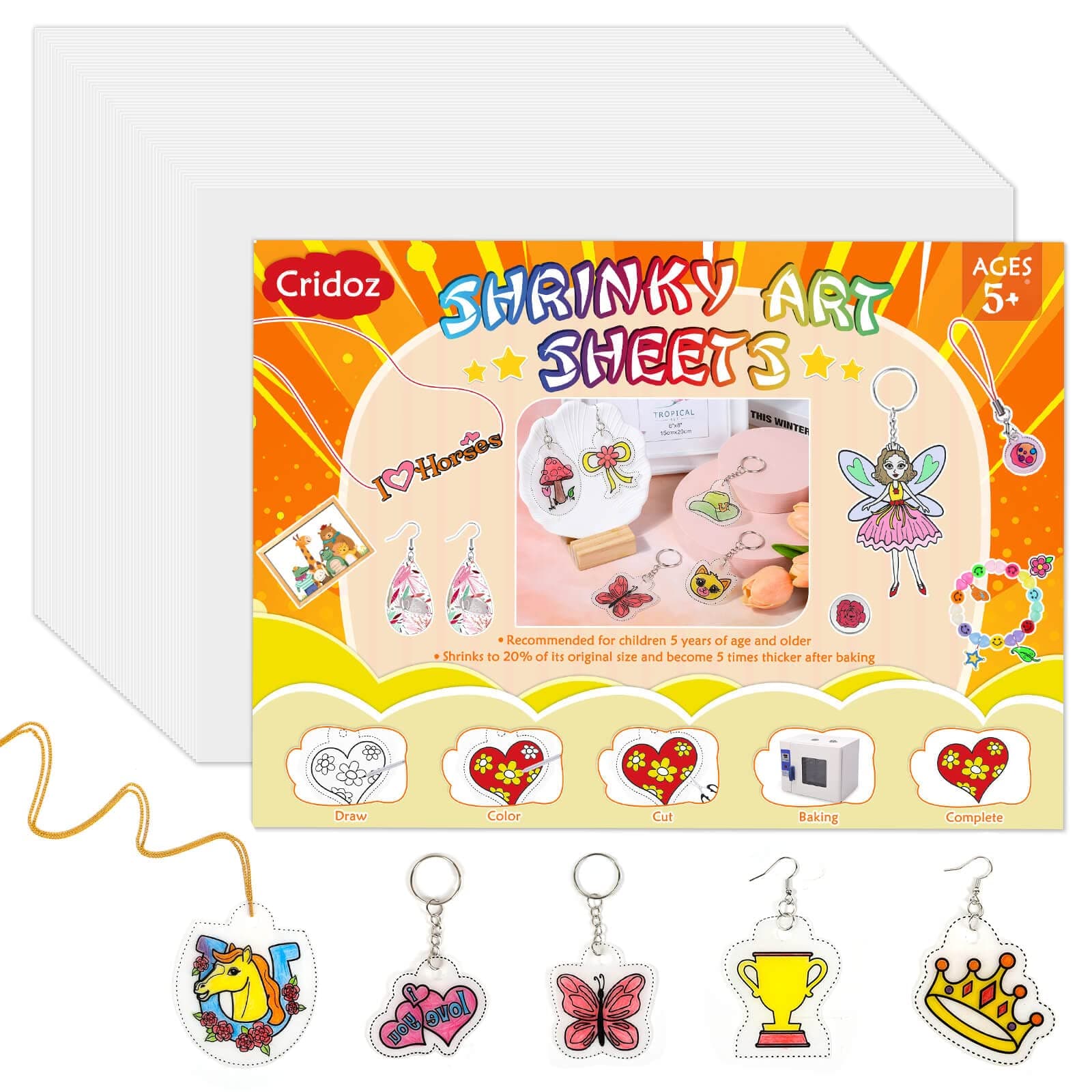 cridoz Shrinky Art Paper, 50Pcs Shrinky Sheets Shrink Plastic Film for Keychains and Creative Art Craft Marking