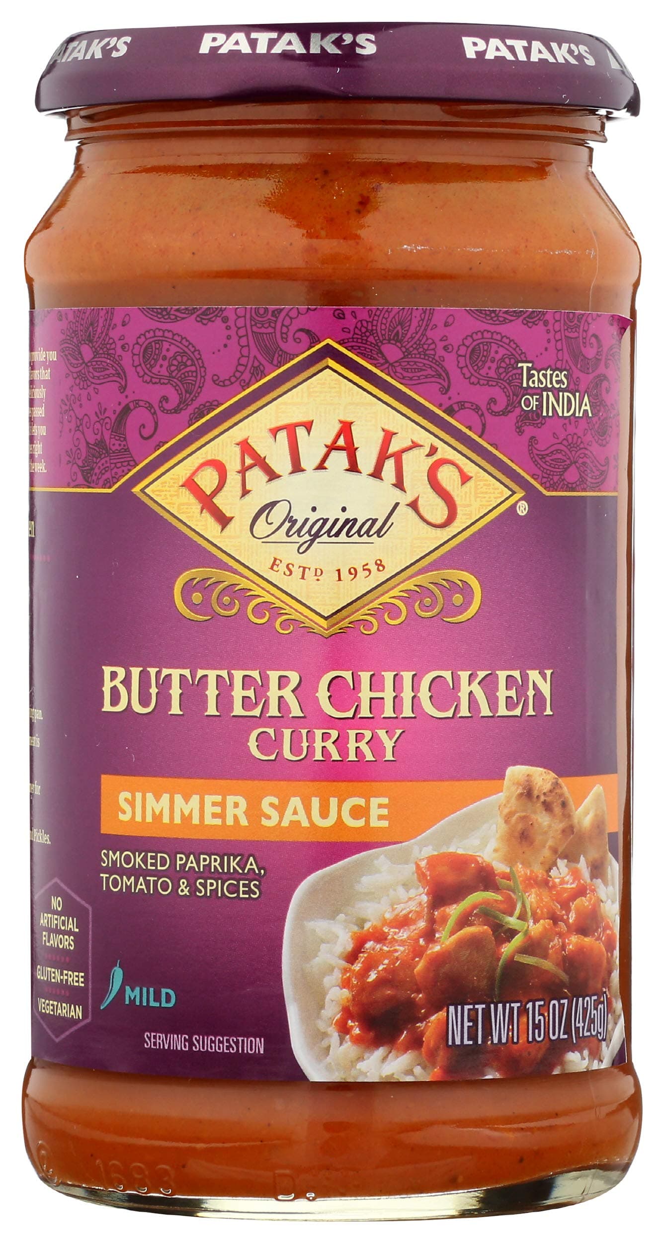 Patak'sButter Chicken Curry Simmer Sauce, Mild Spice, No Artificial Flavor, No Preservatives, 15 Ounce (Pack of 6)