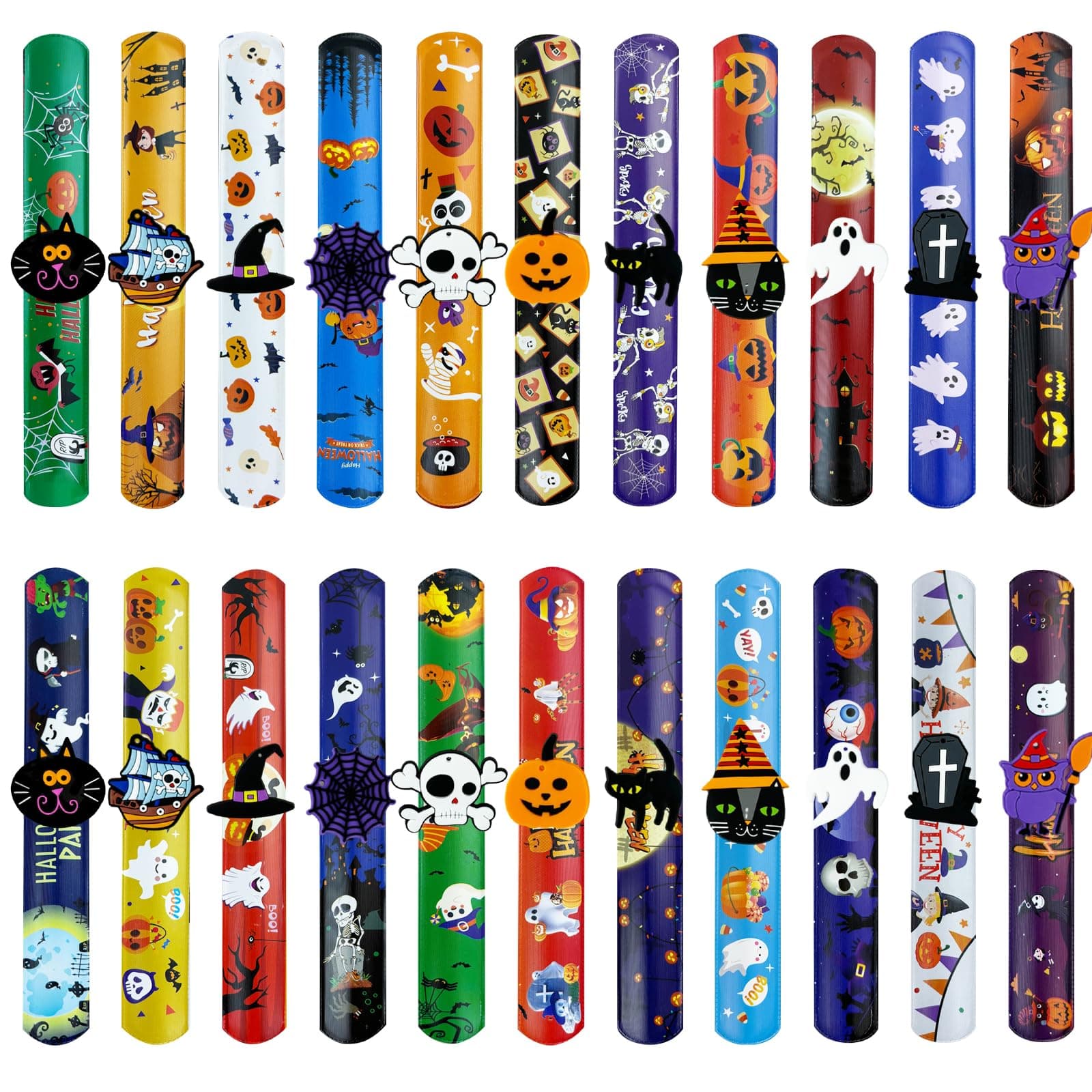 Jsdoin 24 PCS Halloween Slap Bracelets Pumpkin Wristbands Include Pumpkin Ghost Spider Bat Skeleton Designs for Kids Party Bag Fillers Party Favours Halloween Toys