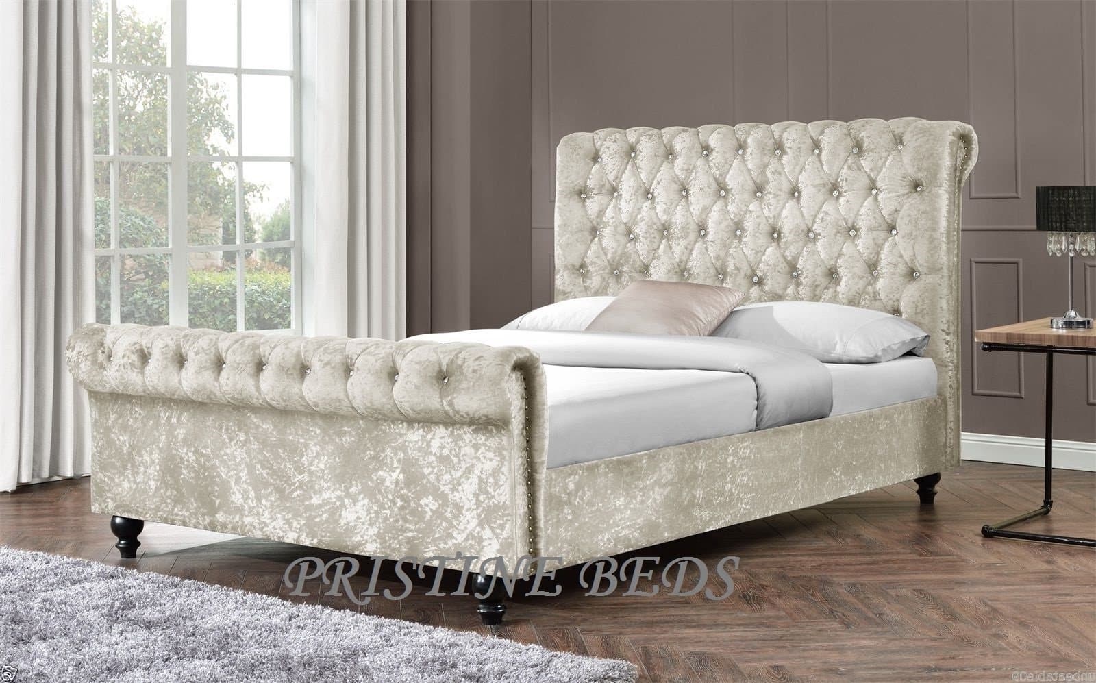 Pristine New Stunning Crushed Velvet/Chenille Luxurious Chesterfield Bed Frame, Double 4FT6, King Size 5FT (5FT King, Cream)