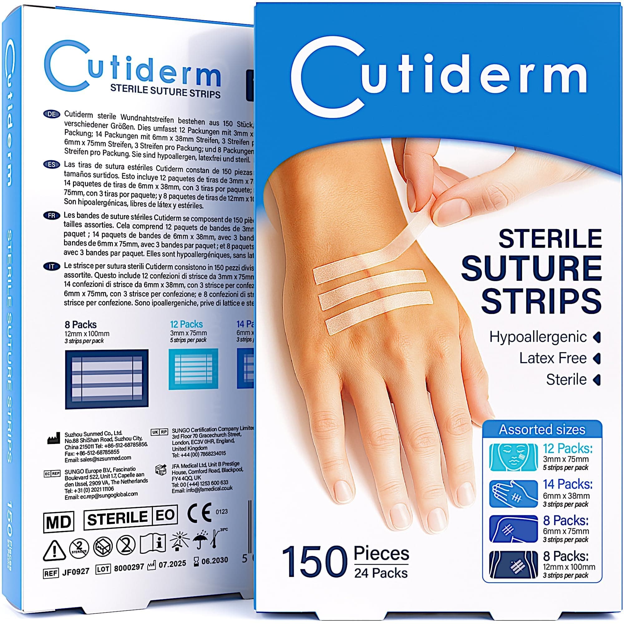 Cutiderm Sterile Skin Wound Closure Suture Strips, 4 Sizes - 150 Strips