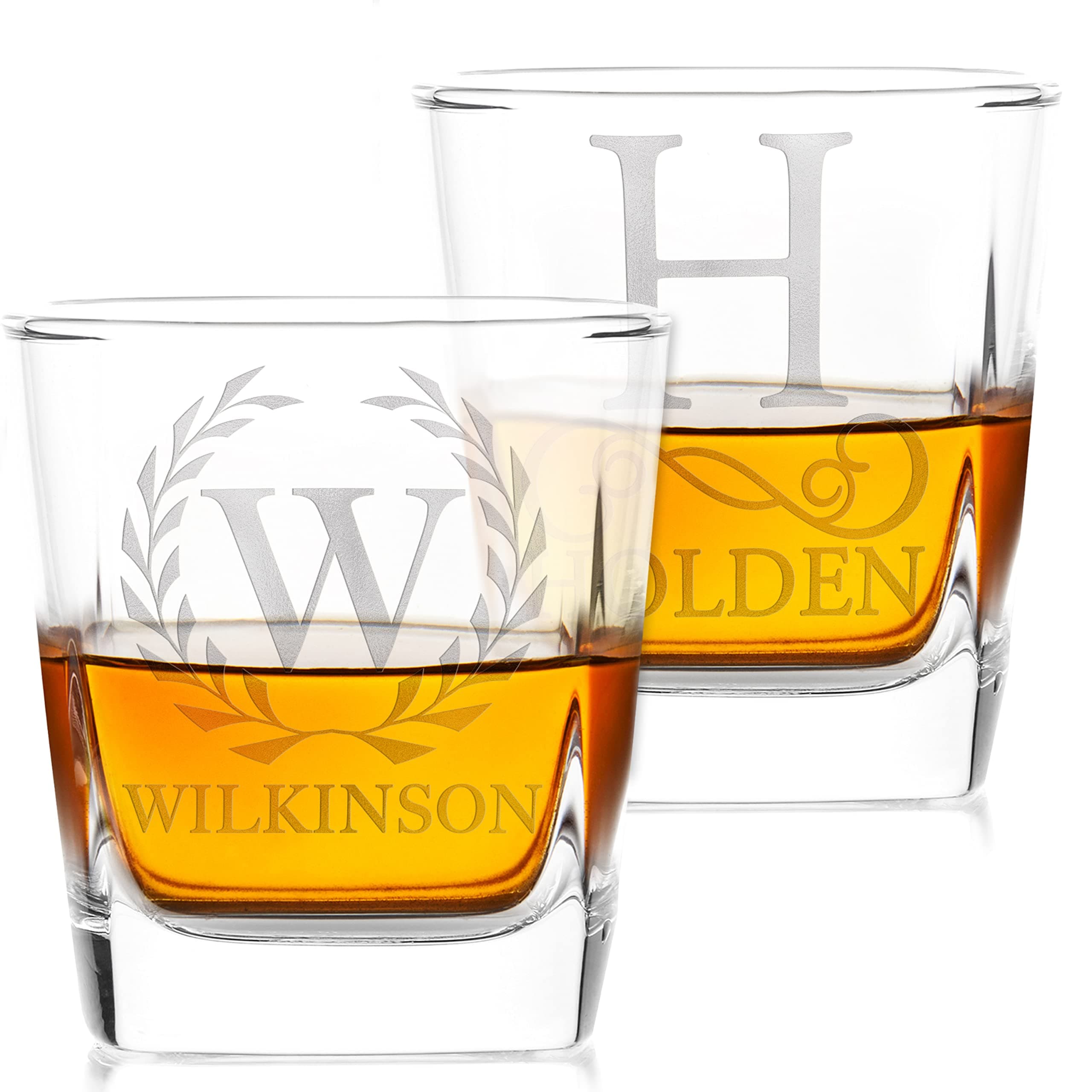 Set of 2 - Whiskey Gifts for Men, Personalized Whiskey Glasses w/ Name & Initial - 12 Elegant Designs - 9 oz, Monogrammed Rocks Glasses for Whiskey, Bourbon, Engraved Scotch Glasses - Dad Gifts