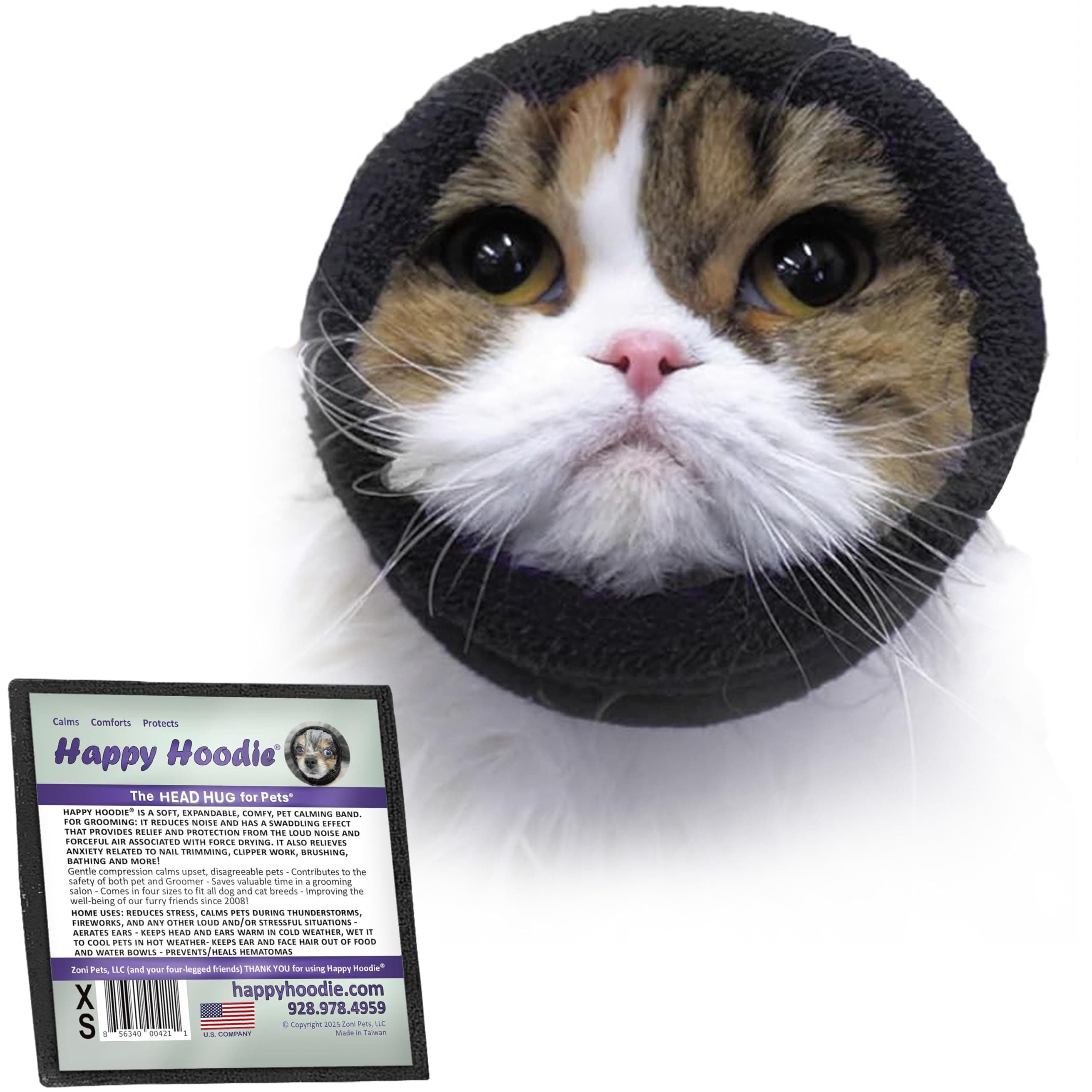 Happy Hoodie The Original Soothing Headband for Dogs and Cats, Anxiety Relief/Noise Protection, Thunder, Fireworks/Grooming (XS, Black)