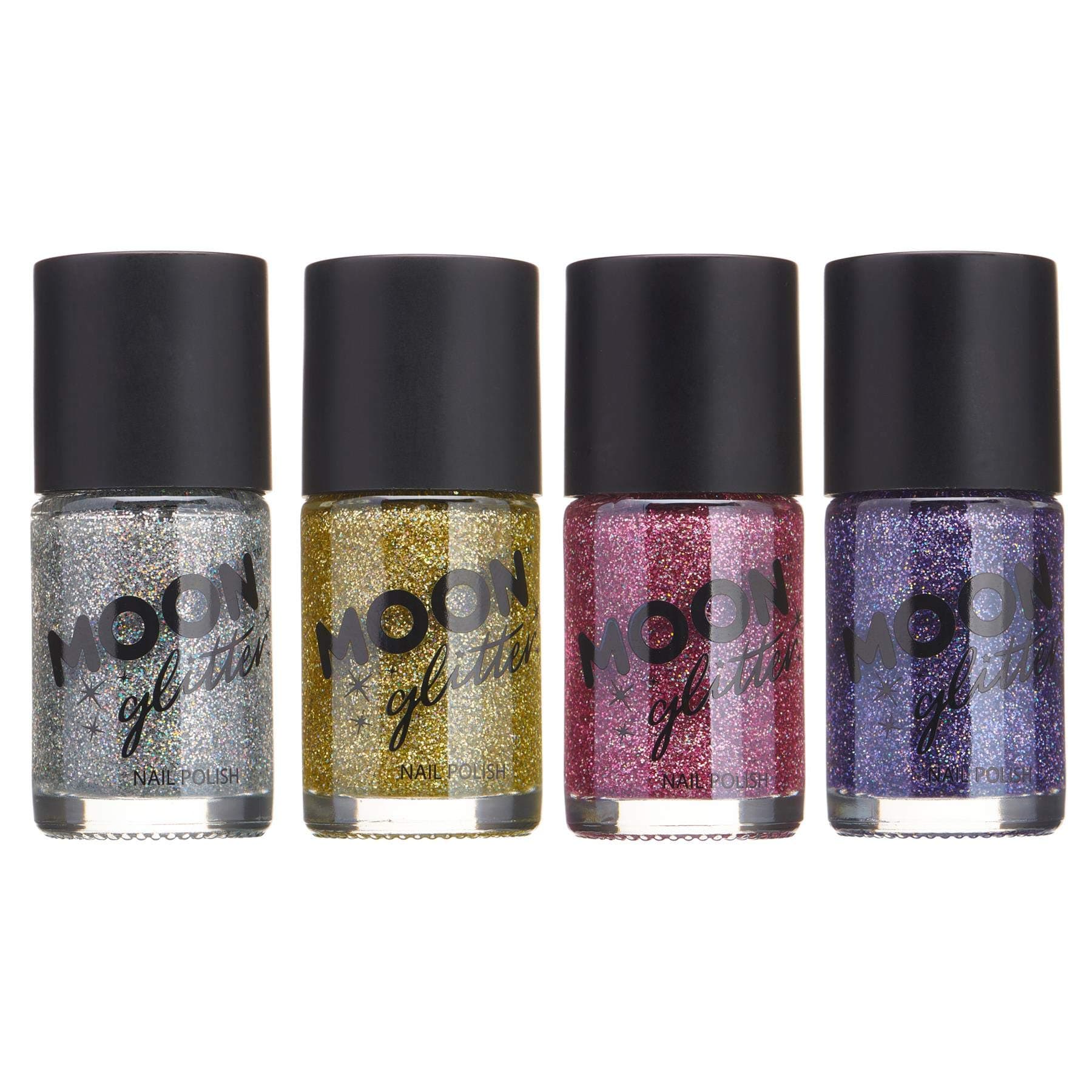 Holographic Glitter Nail Polish by Moon Glitter - Set of 4 colours - Sparkle and Shine Nail Varnish - 14ml