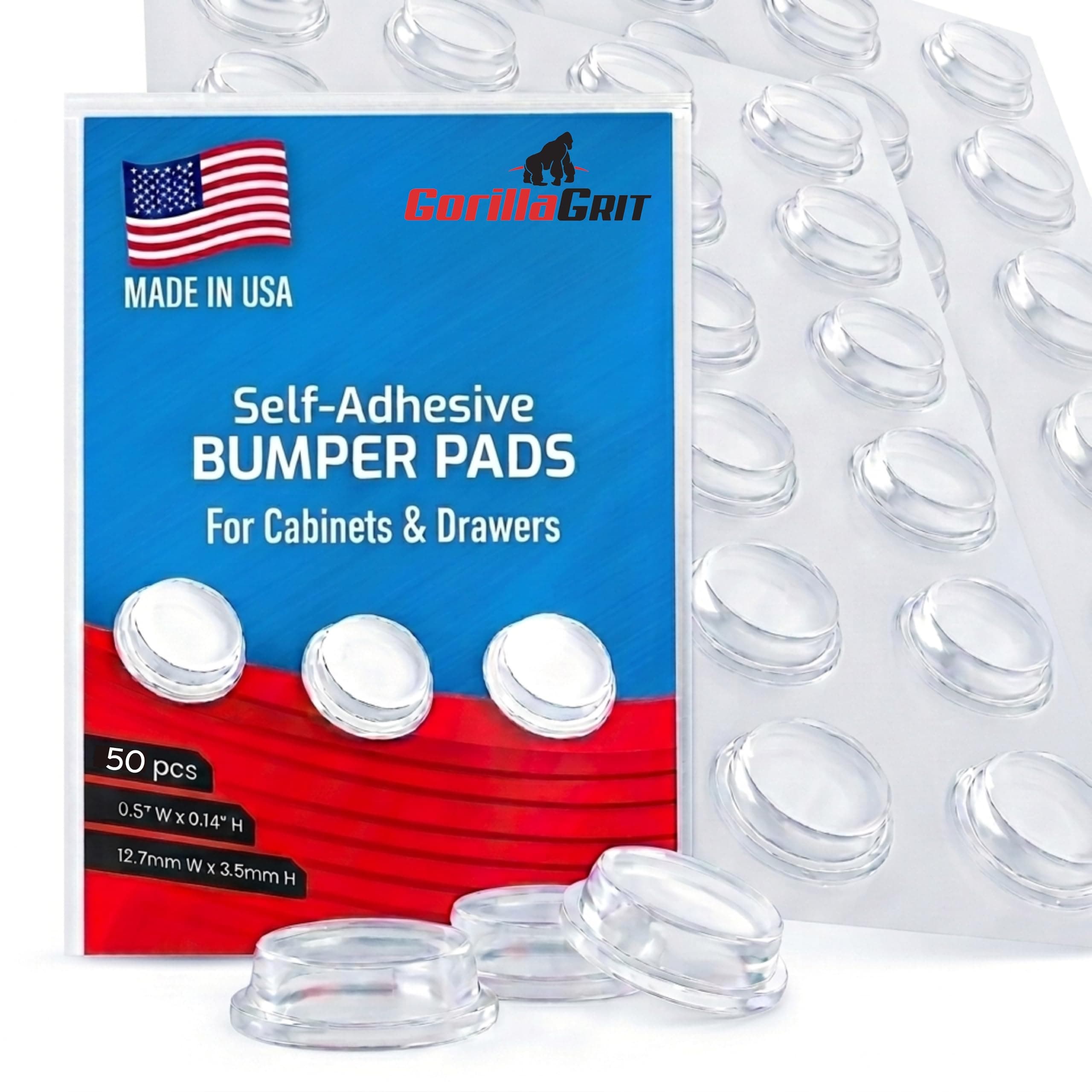 Pack of 50 Cabinet Door Bumpers - 1/2” Diameter Clear Adhesive Pads for Drawers, Glass Tops, Cutting Boards, Picture Frames, Small Furniture
