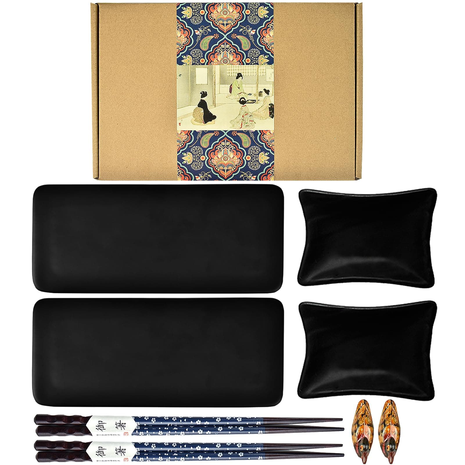 Artcome 8 Piece Japanese Style Ceramic Sushi Plate Dinnerware Set with 2 Sushi Plates, 2 Sauce Dishes, 2 Pairs of Chopsticks, 2 Chopsticks Holders