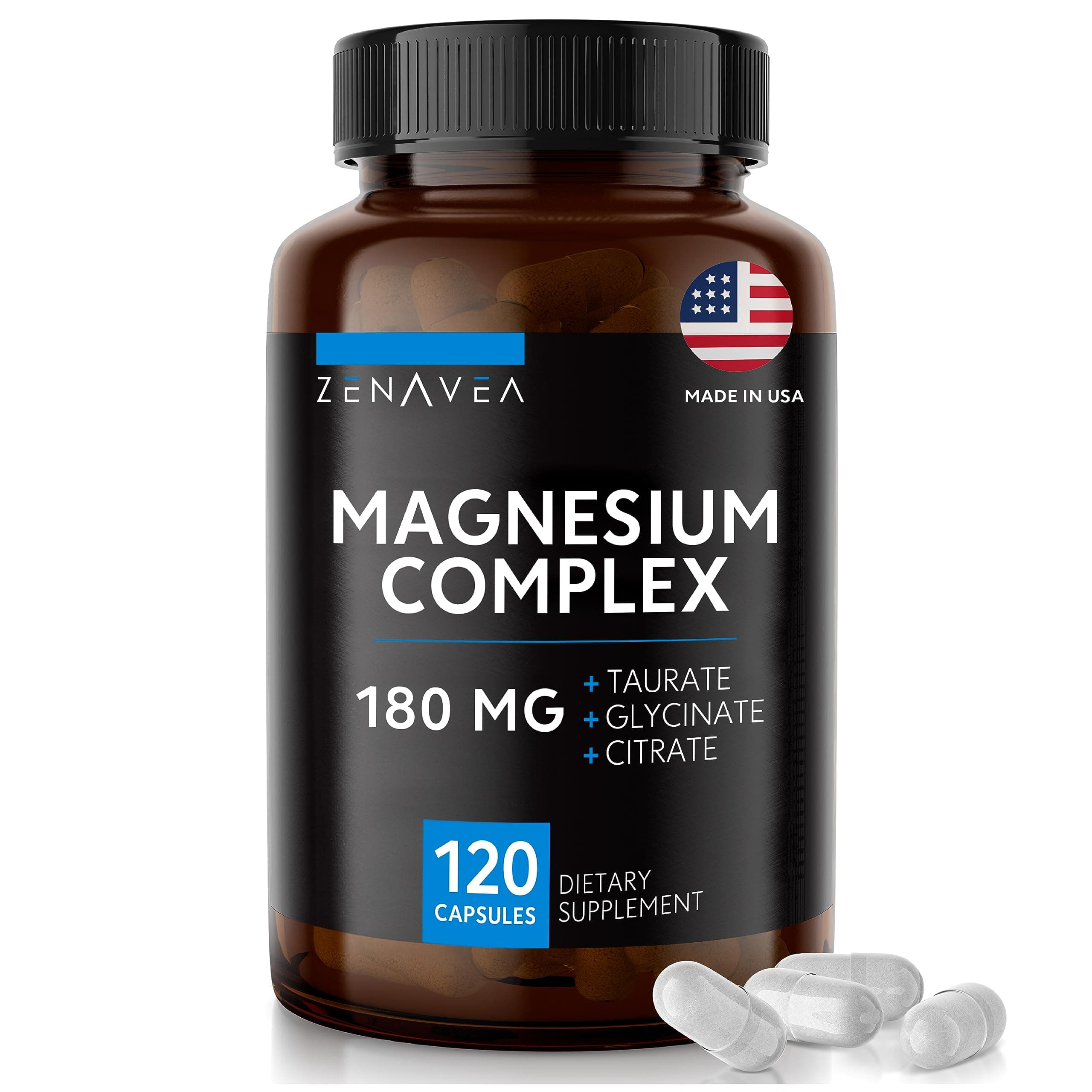 Triple Magnesium Complex (120 Vegan Capsules) - 500mg of Magnesium Malate, Glycinate, Citrate and Chelate for Max Absorption TRAACS® - Muscle Relaxation, Stress and Anxiety Relief, Energy