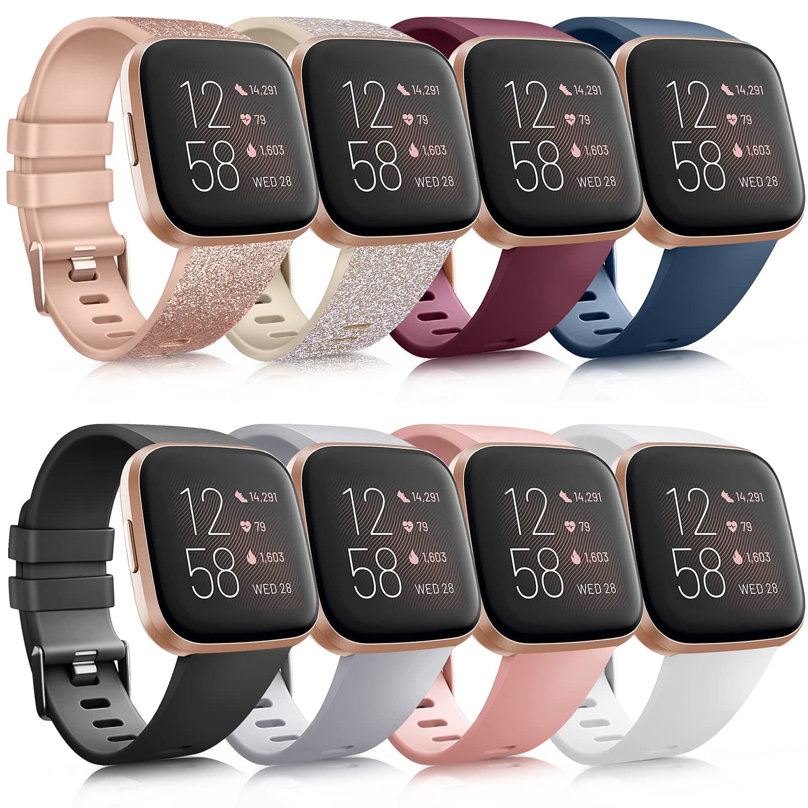 8 Pack Sport Bands Compatible with Fitbit Versa 2 / Fitbit Versa/Versa Lite/Versa SE, Classic Soft Silicone Replacement Wristbands Straps for Fitbit Versa 2 Smart Watch Women Men