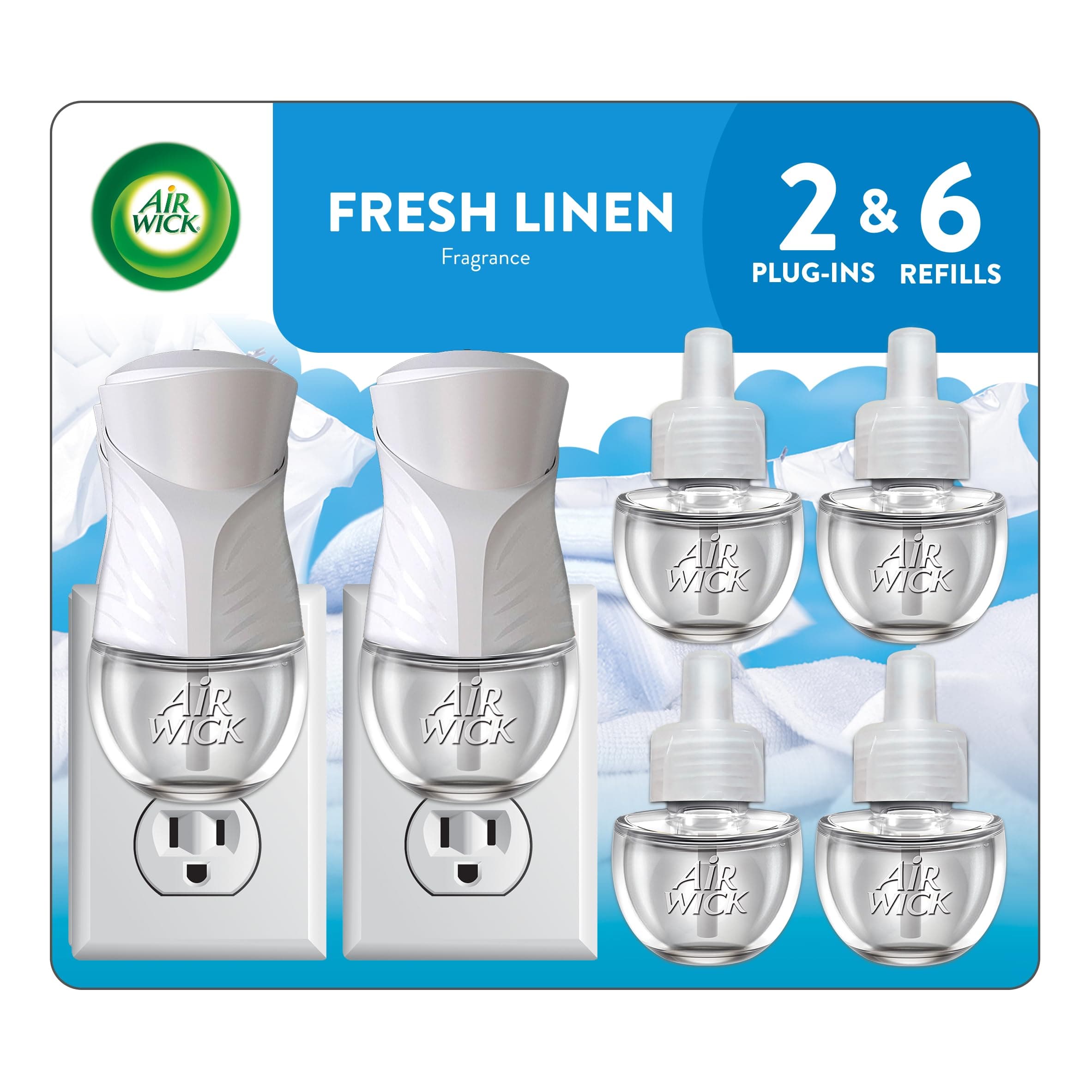 Plug in Scented Oil Starter Kit, 2 Warmers + 6 Refills, Fresh Linen, Same Familiar Smell of Fresh Laundry, Eco Friendly, Essential Oils, Air Freshener