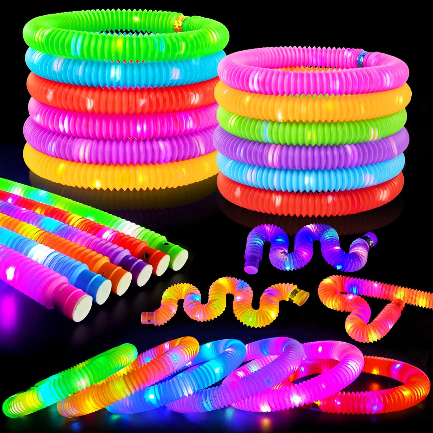 12 PCS Light up Pop Tubes, Glow Sticks Necklaces & Bracelets Party Pack, Easter Basket Stuffer Filler Treat Prizes Toys Gifts, Glow in Dark Party Favor Supplies Decoration for Wedding, Camping