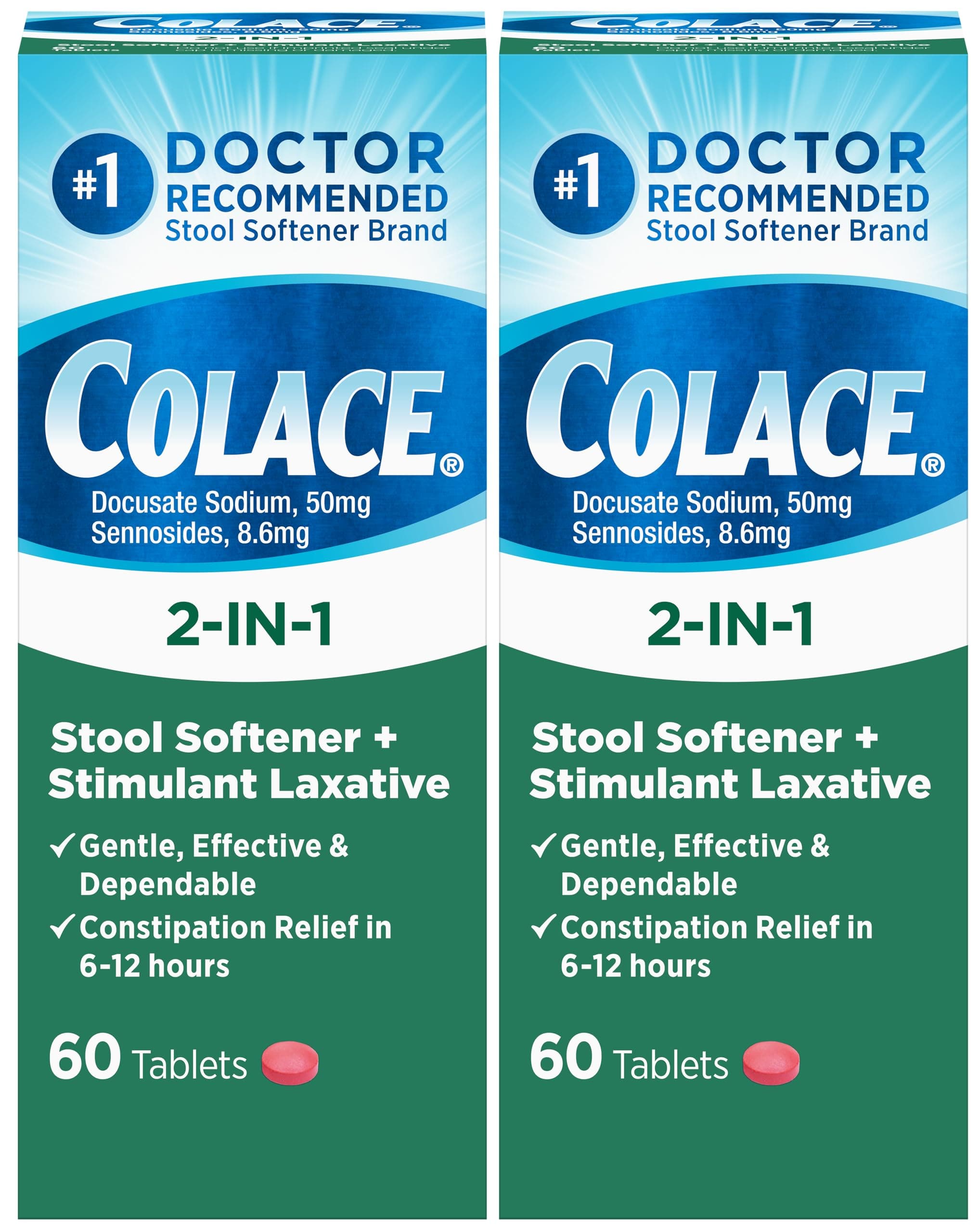 2-in-1 Stool Softener Plus Stimulant Laxative for Gentle Effective Constipation Relief, Docusate Sodium Plus Sennosides, 60 Count (Pack of 2)