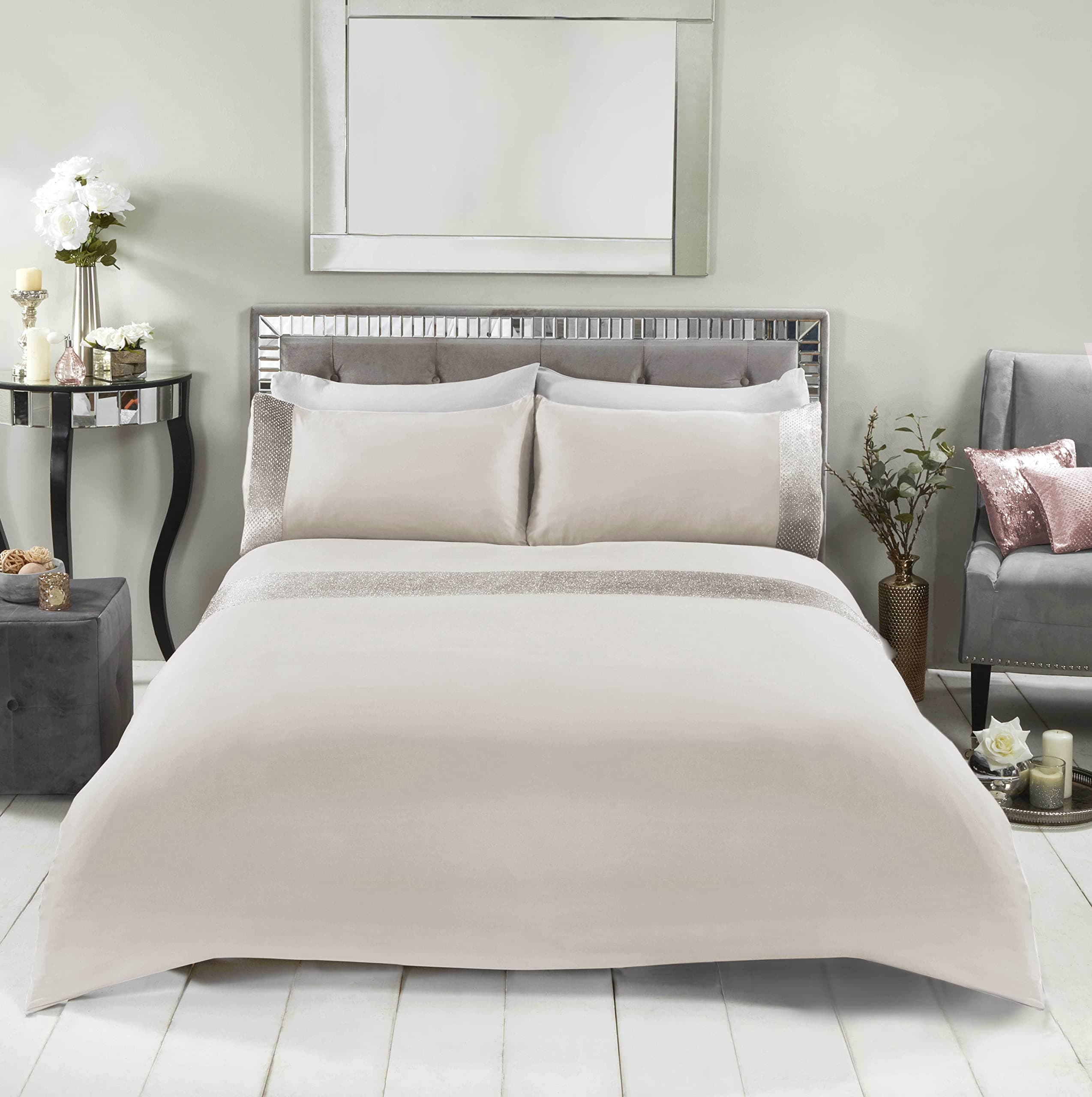 Sienna Glitter Duvet Cover with Pillow Case Sparkle Glitz Velvet Bedding Set - Natural Gold Cream, Double