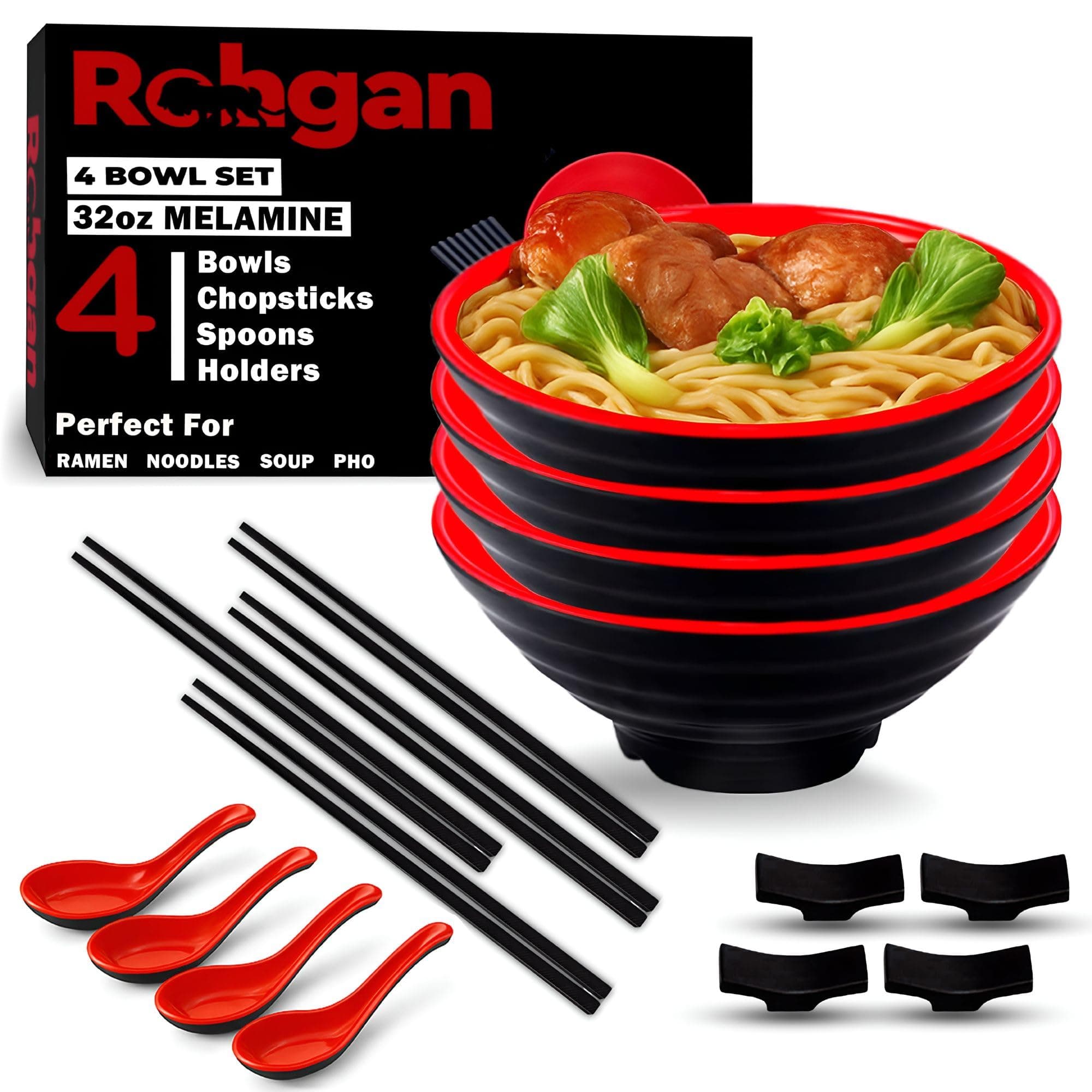 32 oz Melamine Ramen Bowl Set – Japanese Pho Bowls & Spoons with Chopsticks – 20-Piece Durable, Dishwasher-Safe Dinnerware – Red