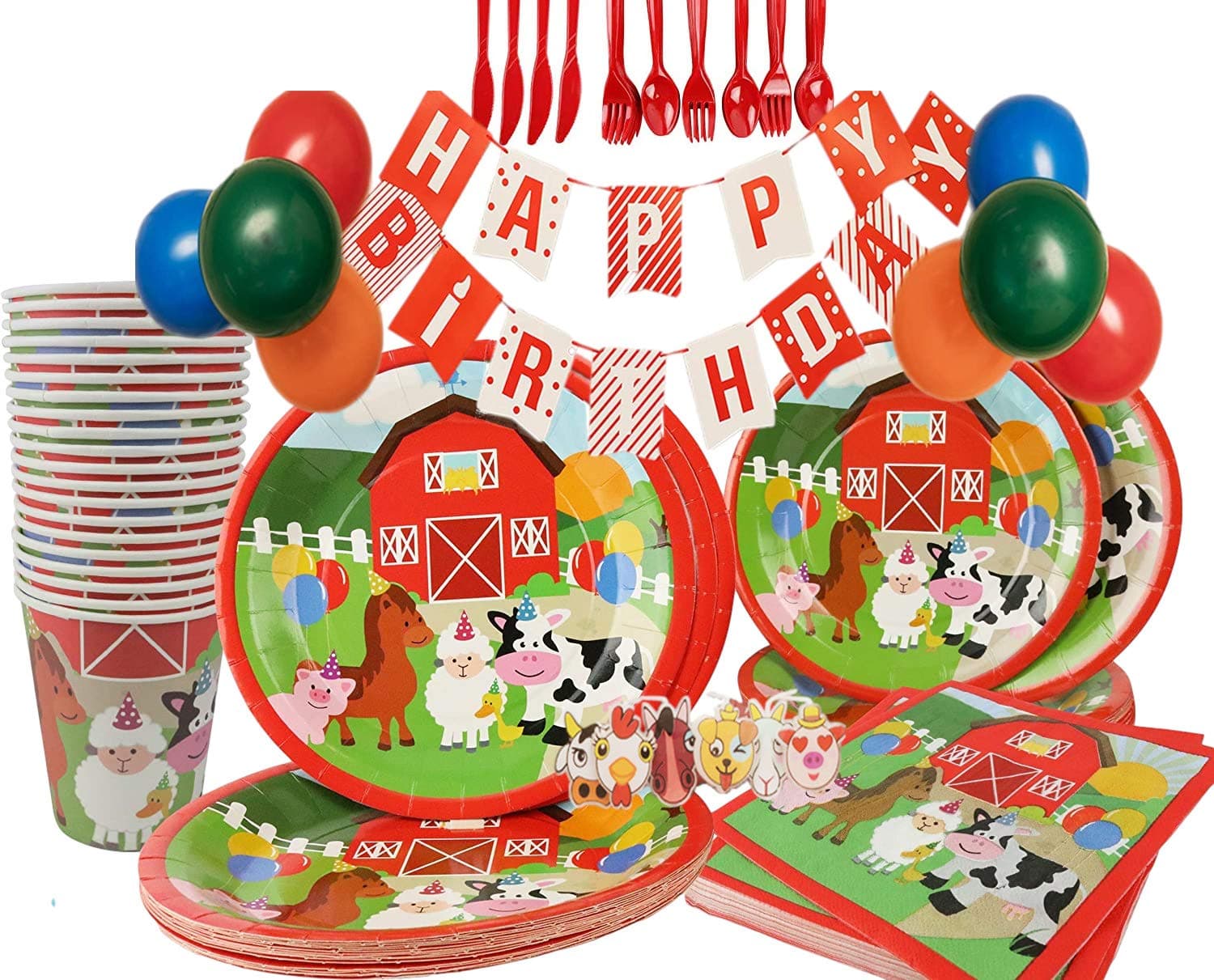 Farm Birthday Party Supplies (New Version) - Barnyard Animals Party Decorations for 16 with Plates, Napkins, Cups, Tablecloth, Balloons, Banner, and Pick Candles