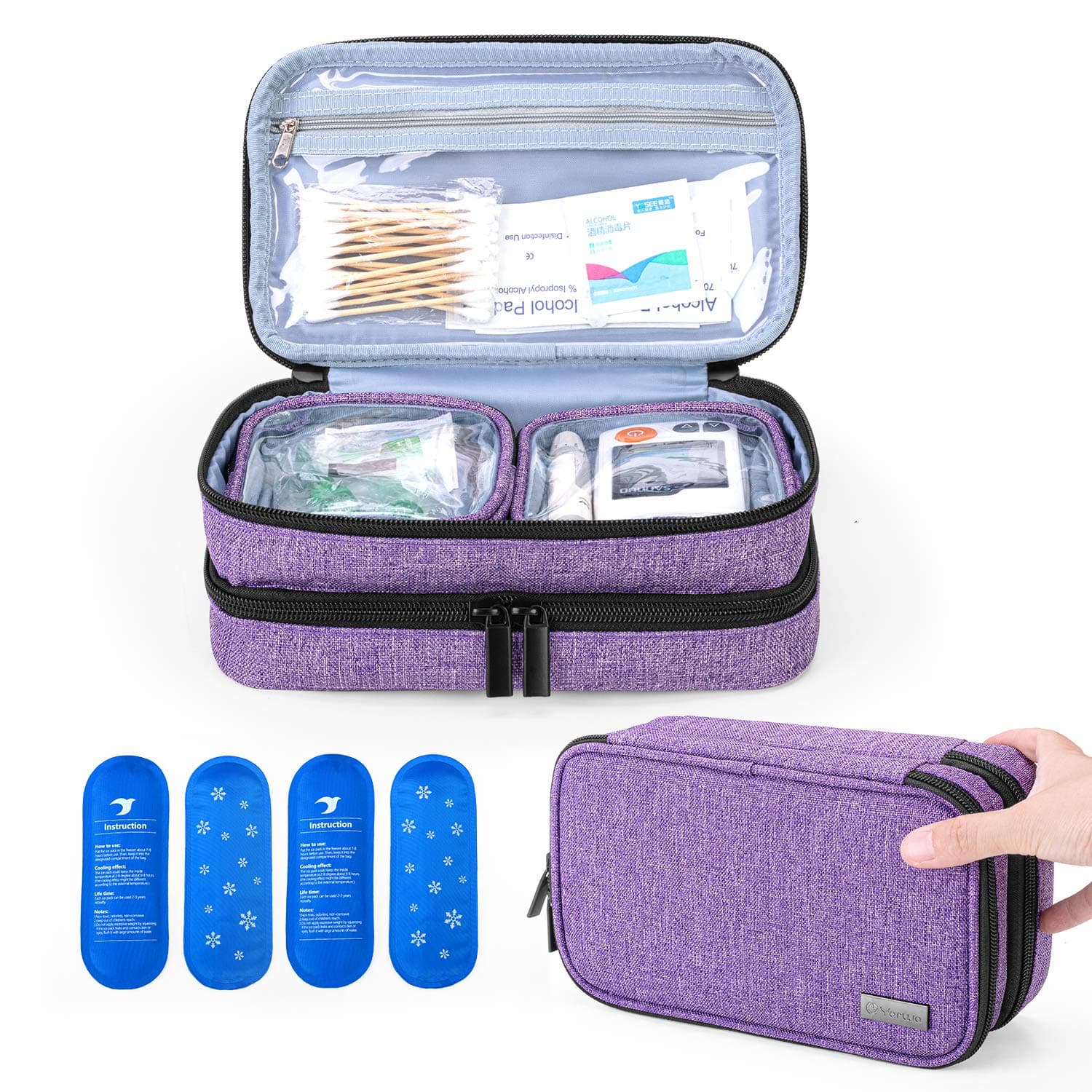 Yarwo Insulin Cooler Travel Case with 4 Ice Packs, Double Layer Diabetic Supplies Organizer for Insulin Pens, Blood Glucose Monitors or Other Diabetes Care Accessories, Purple