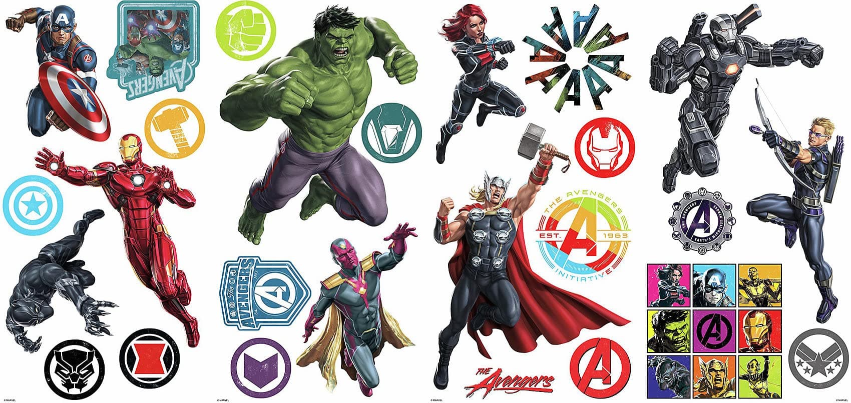 RoomMates RMK4289SCS Classic Avengers Peel and Stick Wall Decals, 26, Red, Green, Blue, Black, Purple, Yellow, 6.22 cm. 6.22 cm by 21.87 cm. 26.52 cm