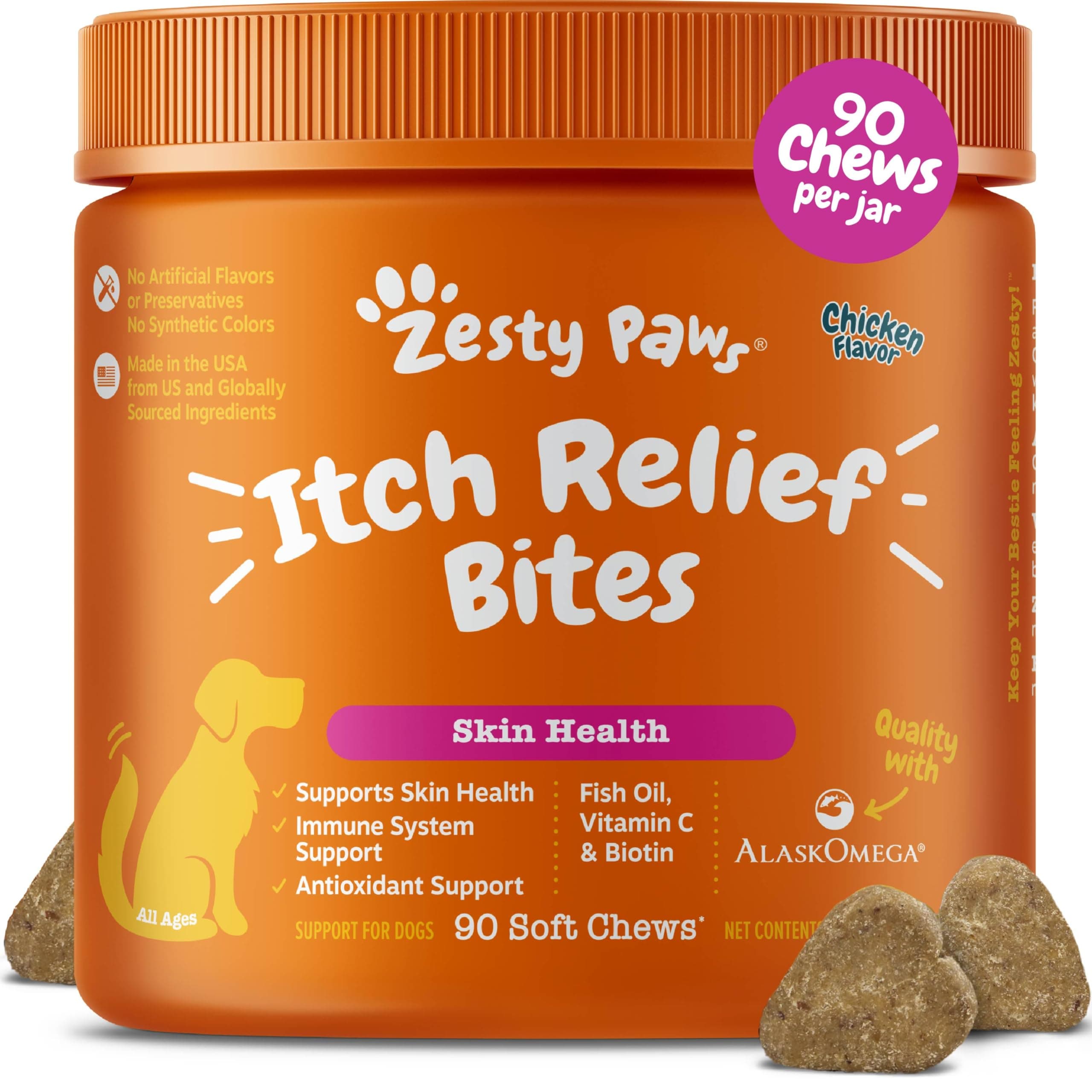 Zesty Paws Itch Relief for Dogs - for Itching Skin & Coat Health - Omega-3 Fish Oil with EPA & DHA - Dog Bites Supplement with Vitamin C & E for Antioxidant Support - Chicken Flavor - 90 Count