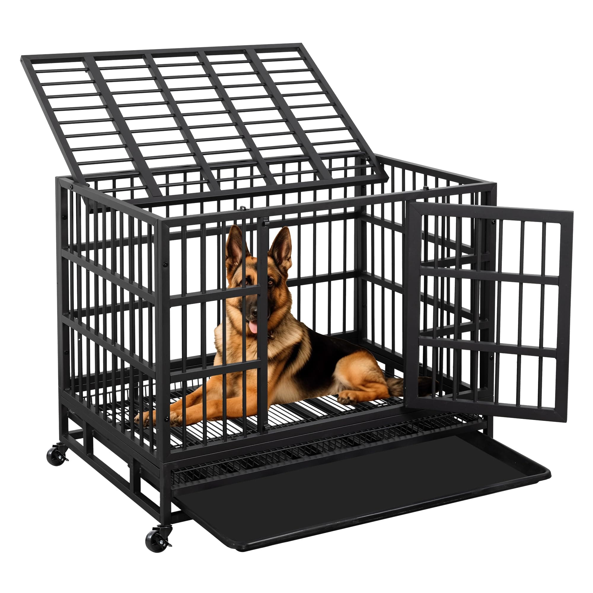 JY QAQA 38 Inch Heavy Duty Indestructible Dog Crate Double Doors Escape Proof Cage Kennel,Enhanced Metal Pet Cage,Extra Large Crate Indoor for Large Dog with Removable Tray and Lockable Wheels