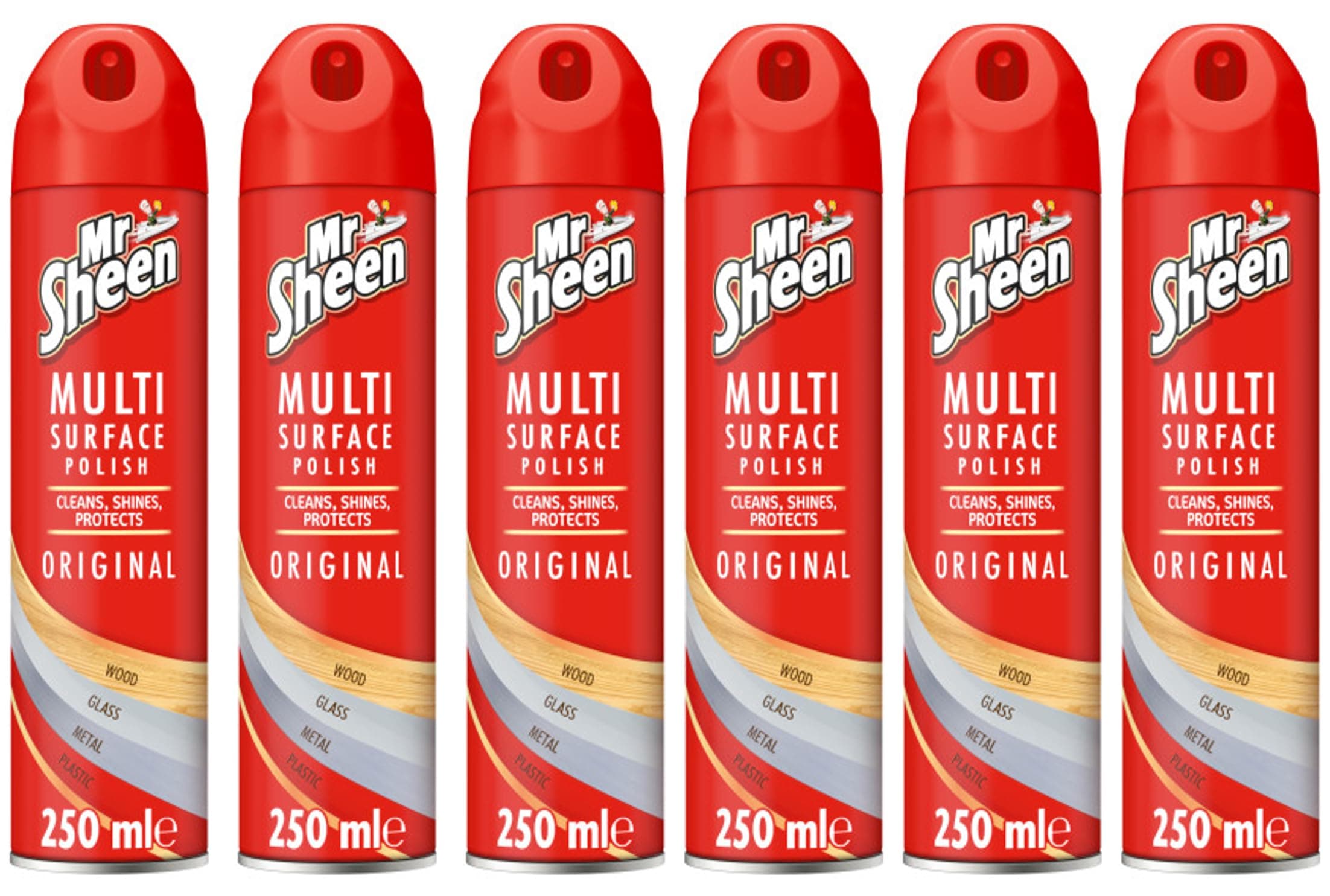 Mr Sheen Multi Surface Polish Spray, for Use on Wood, Plastic, Glass and Metal, Scent: Original, 250ml, Pack of 6