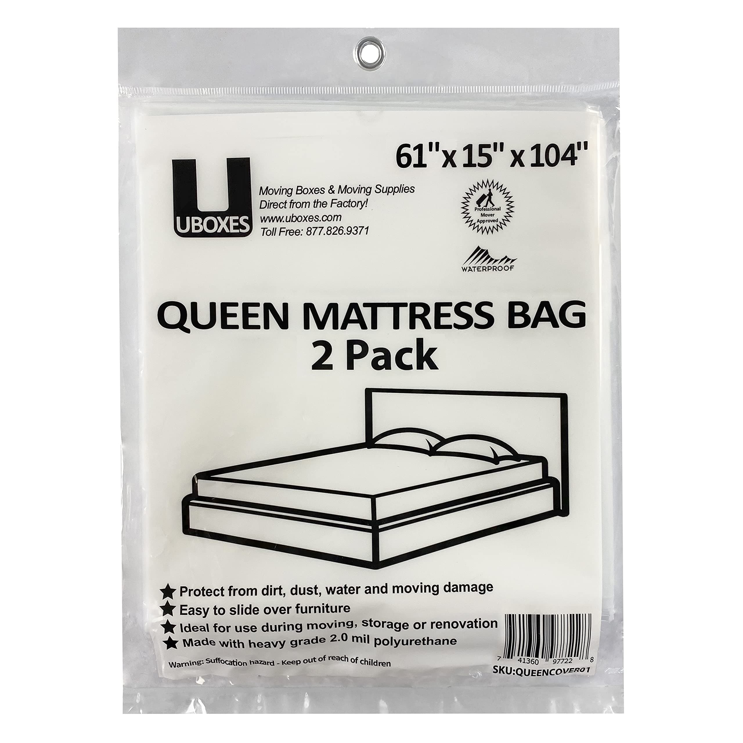 UBOXES Queen Size Mattress Covers/Bags 61" x 15" x 104" Moving Supplies (QUEENCOVER02) (packaging may vary)