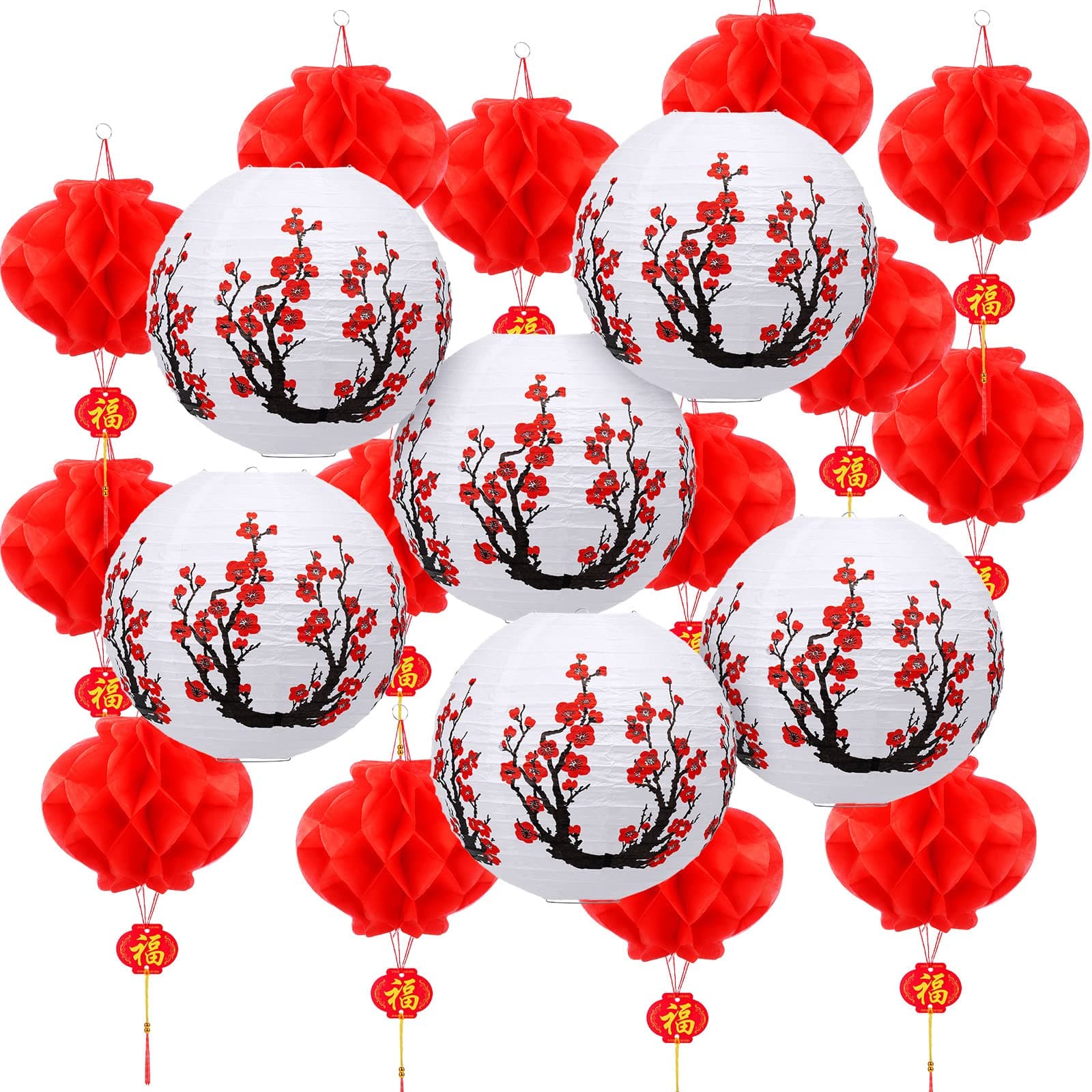 Mudder 20 Pieces Japanese Chinese Lanterns Decoration Includes 6 Cherry Flowers Japanese Paper Lanterns 14 Chinese Red Lanterns 12 Inch Cherry Blossom Lanterns Home Decor for New Year (White)