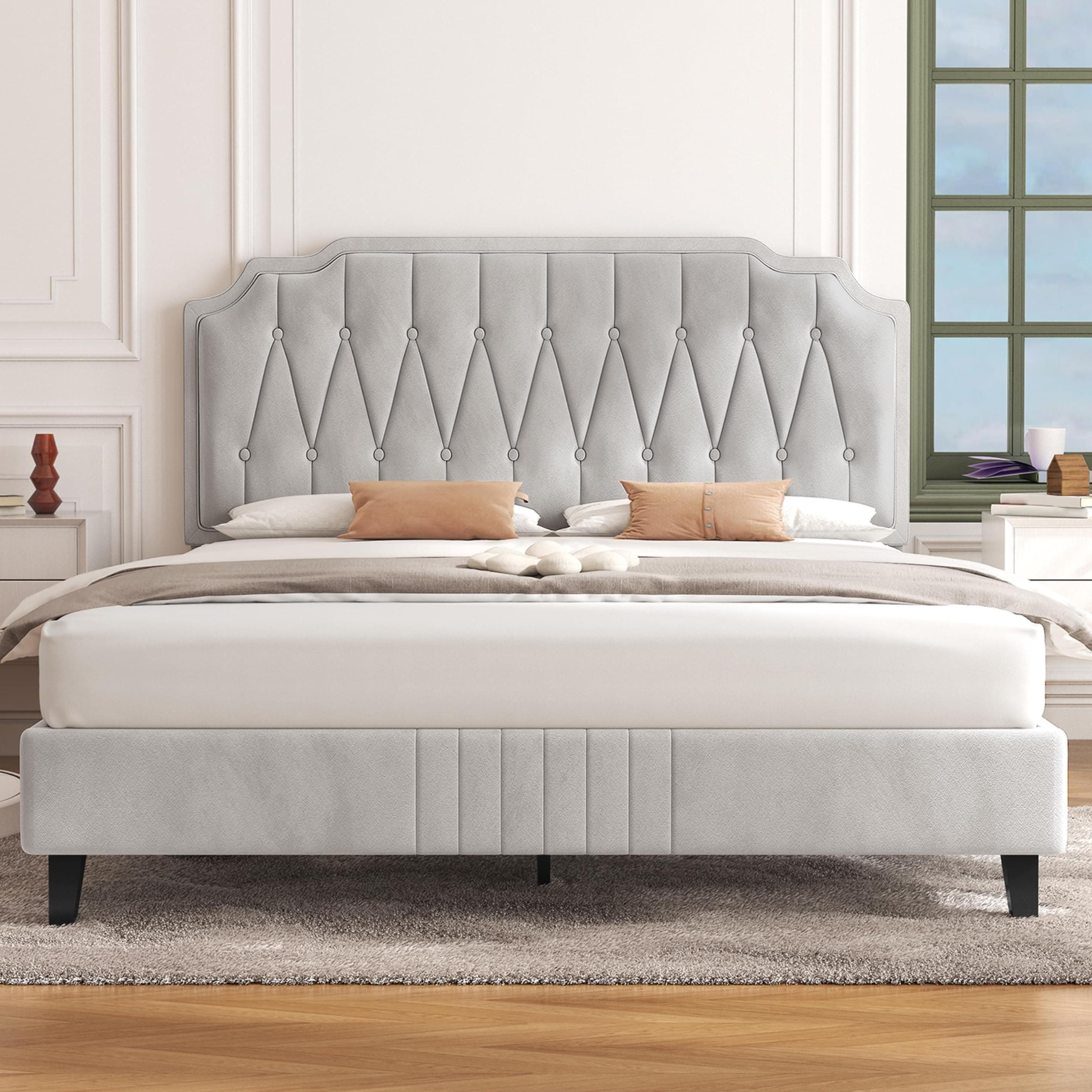 Yaheetech 5ft King Bed Frame Upholstered Platform Bed with Adjustable Button Tufted Headboard/Velvet Fabric/Sturdy Wooden Slat Support/No Box Spring Needed, Beige King Bed