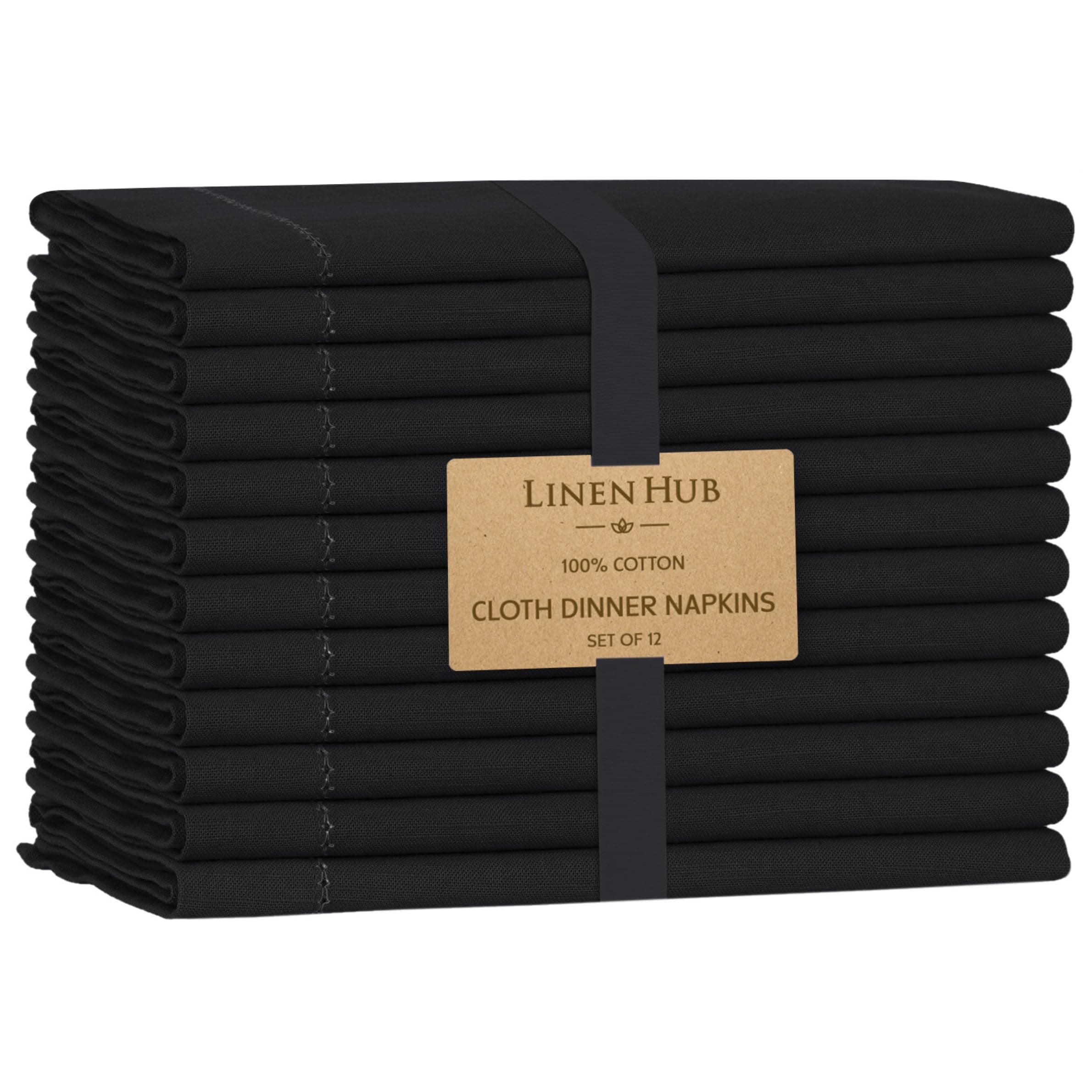 Linen Hub Hemstitch Cloth Dinner Napkins Set of 12-100% Cotton Soft Absorbent Restaurant Hotel Quality Napkins - Perfect for Farmhouse Wedding Party Christmas Easter - 18x18 - Black