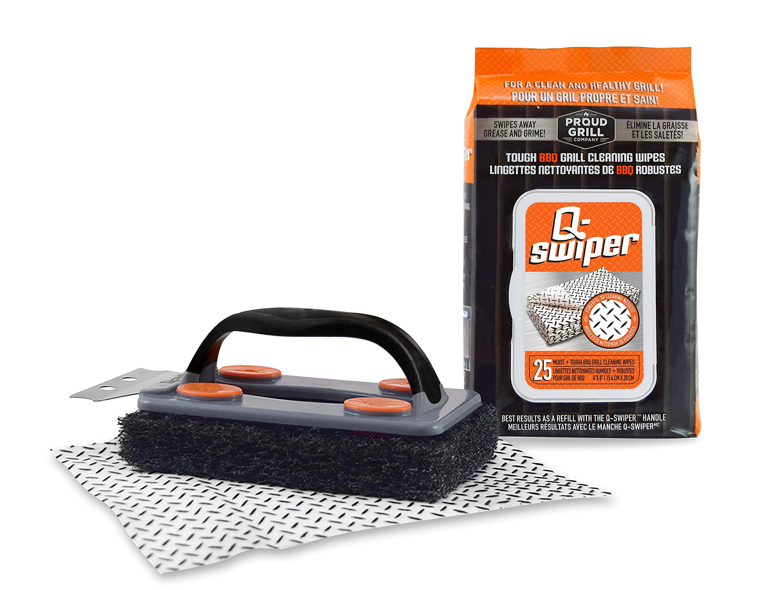 Proud Grill Q-Swiper BBQ Grill Cleaner Set - 1 Grill Brush with Scraper and 25 BBQ Grill Cleaning Wipes, Bristle-Free & Wire-Less, Safe Way to Remove Grease and Grime for A Clean and Healthy Grill