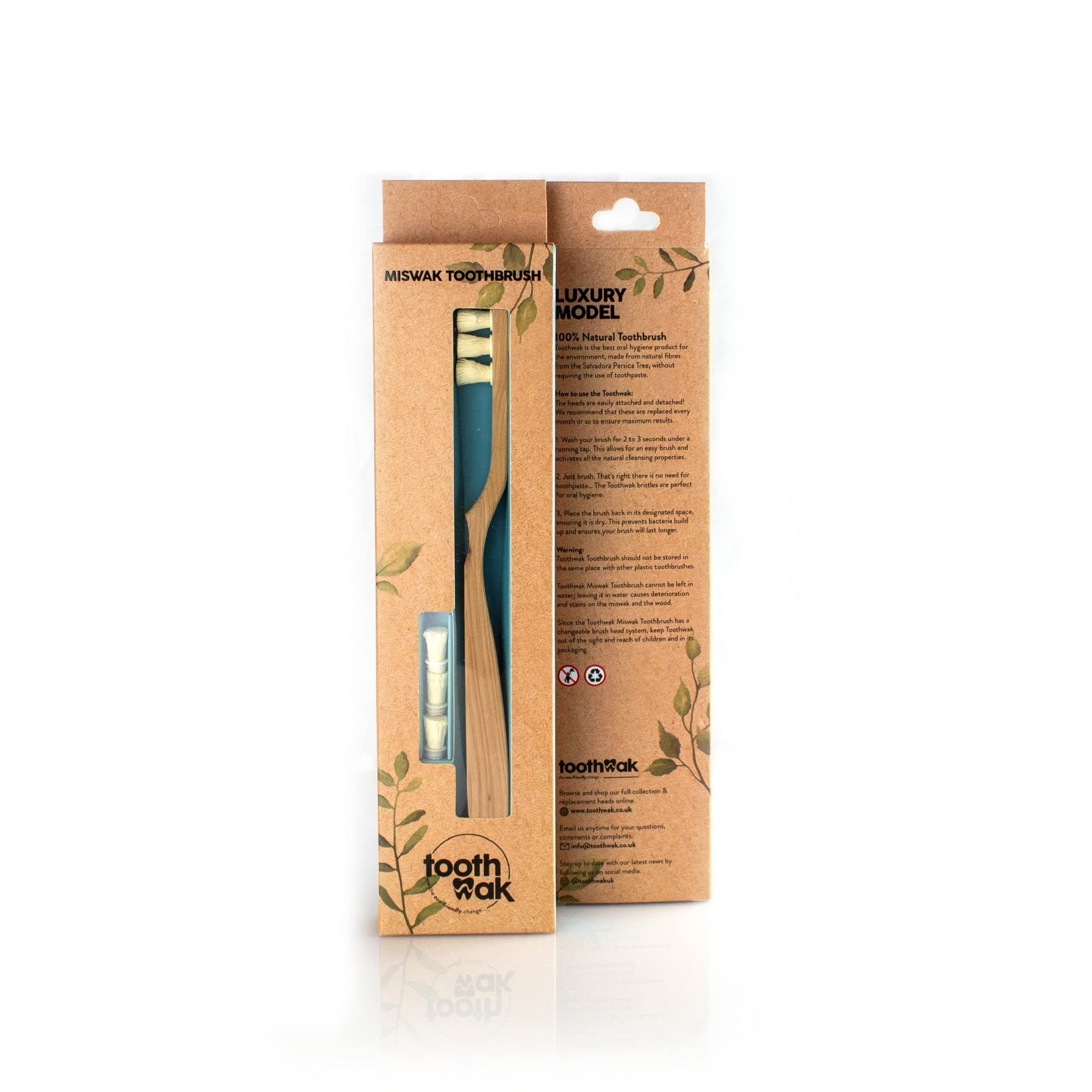 Luxury Edition Miswak Natural 3 Head Bristles Wooden Toothbrush with 6 Replaceable Siwak Bristles and Mineral Coating for Natural White Teeth - Hard