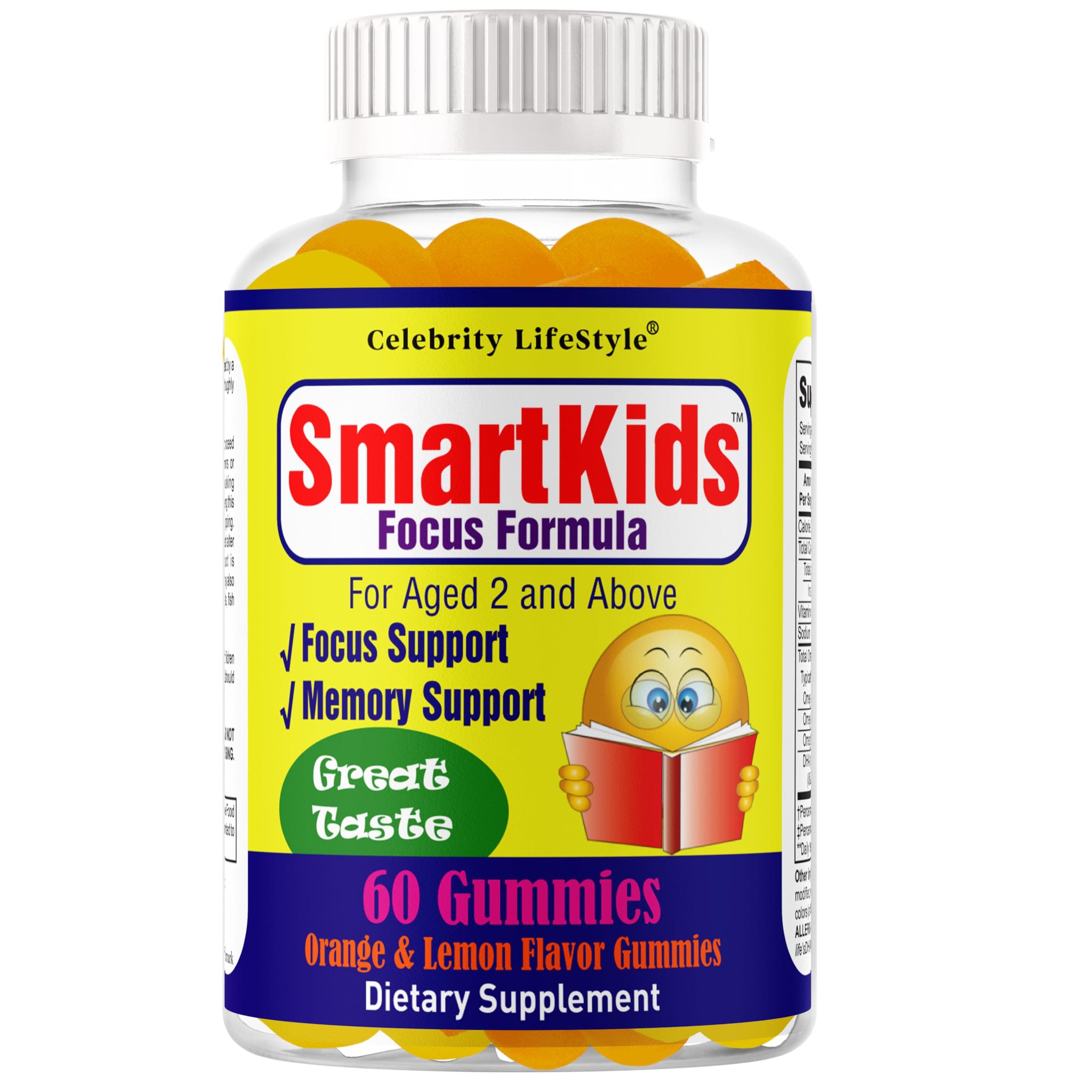 Smart Kids Focus Gummies with Omega 3 6 9 DHA, Brain Support Teen Vitamin, Kids Focus and Attention Supplements, Vegetarian Memory Supplement for Brain, Orange Flavor 60 Gummies