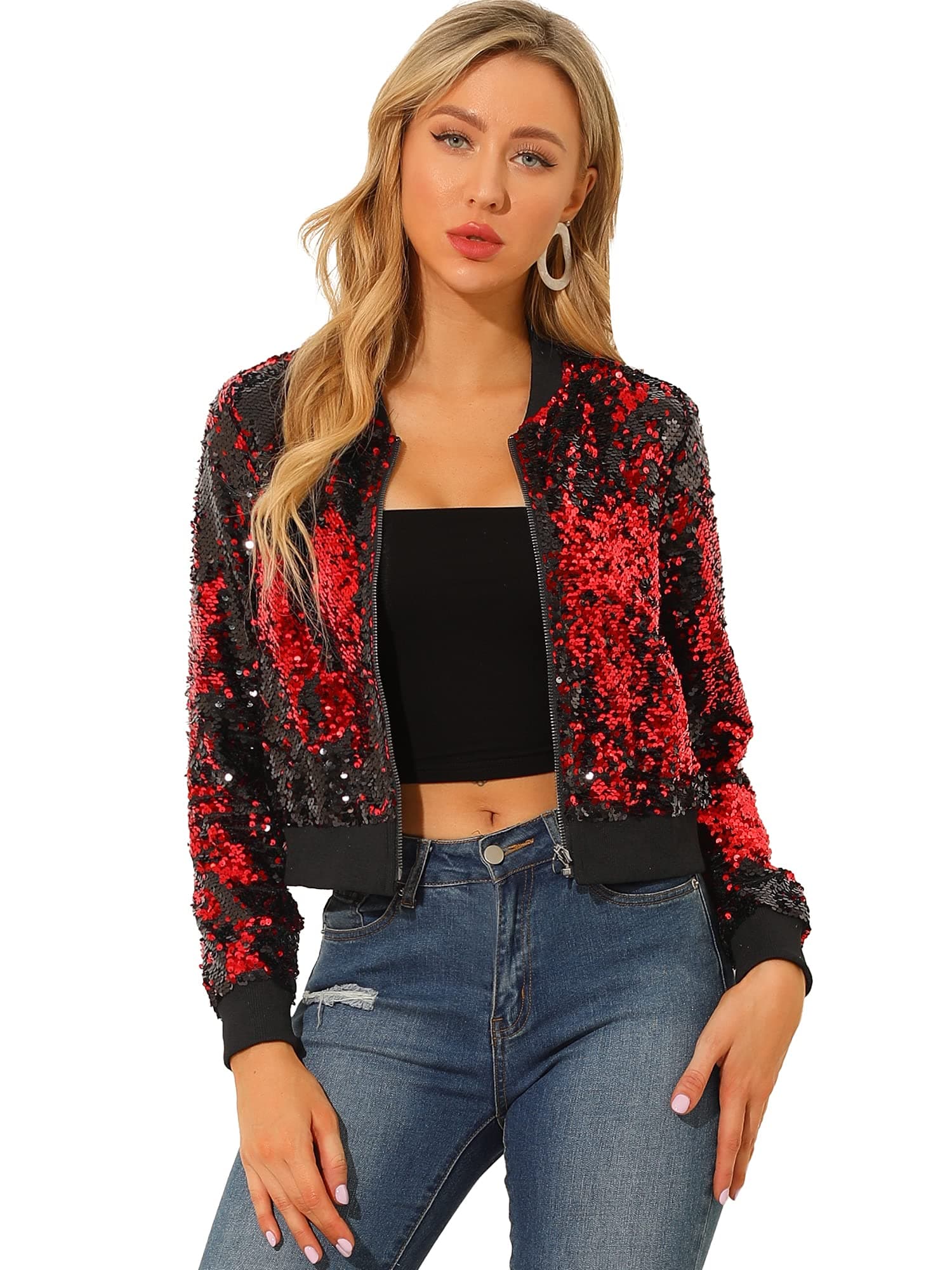 Women Sequin Bomber Jackets Halloween Sparkly Long Sleeve Zip Front Shiny Cropped Jacket Glitter Party Disco Outfit