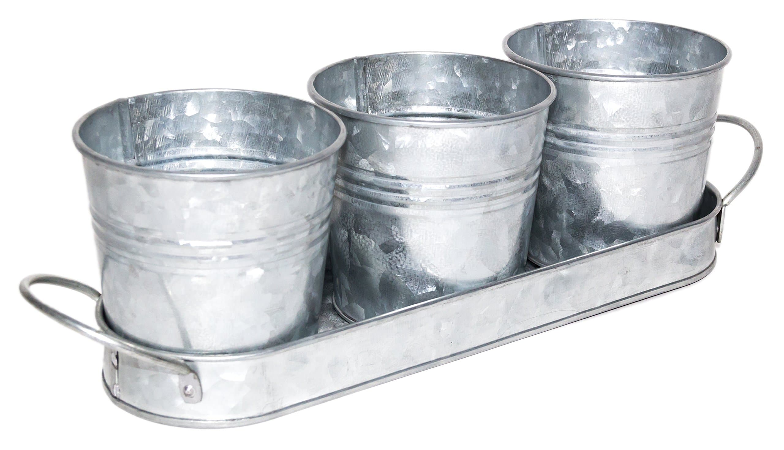 Watauga Vintage Finish Planter Pot Set | Galvanized Flower or Herb Pot Set with Tray/Caddy