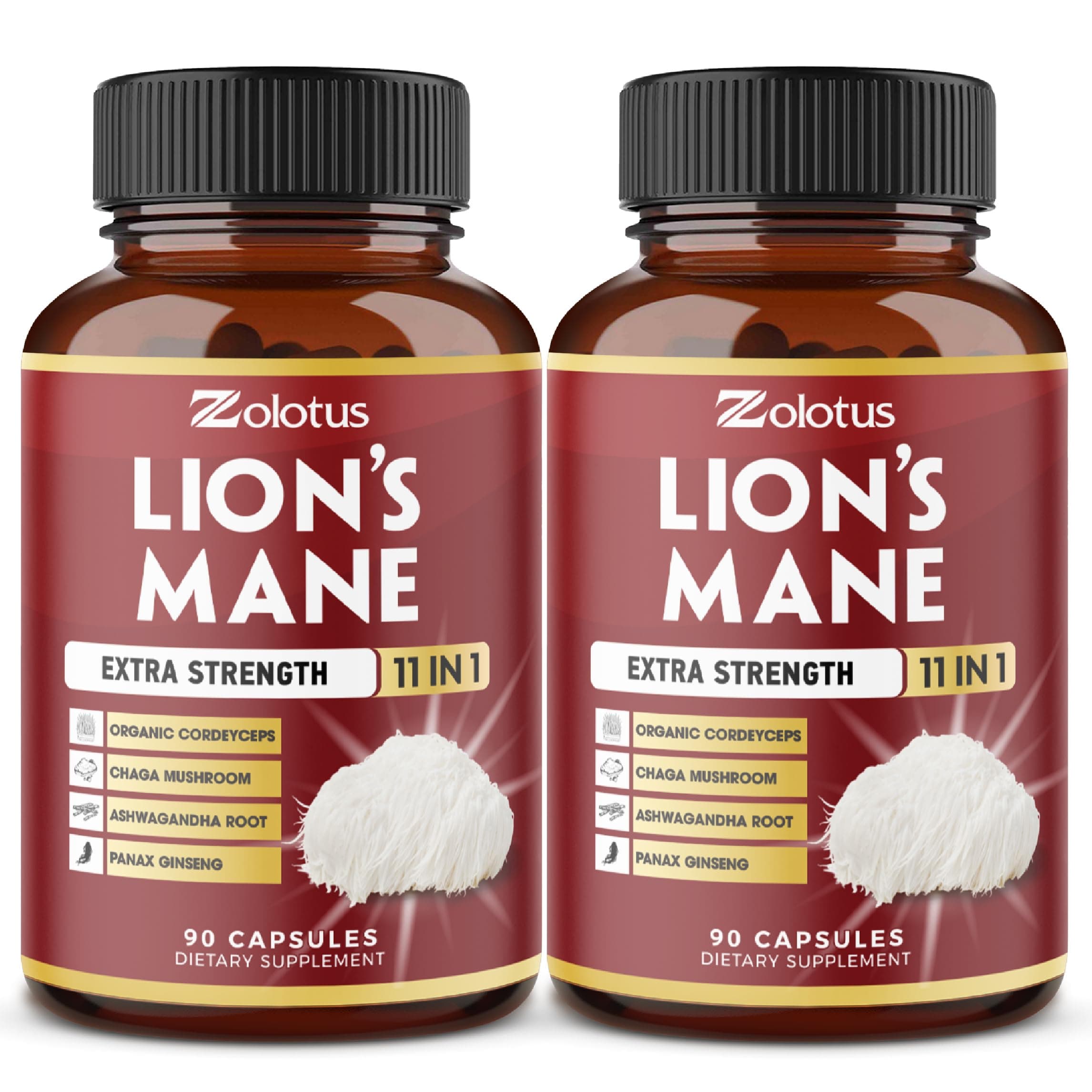 Zolotus 2 Packs 90 Capsules Lions Mane Mushroom Supplement, 6 Month Supply with Cordeyceps, Reishi, Ashwagandha, Focus, Memory and Brain Support Supplement, Immune Support, Energy Pills