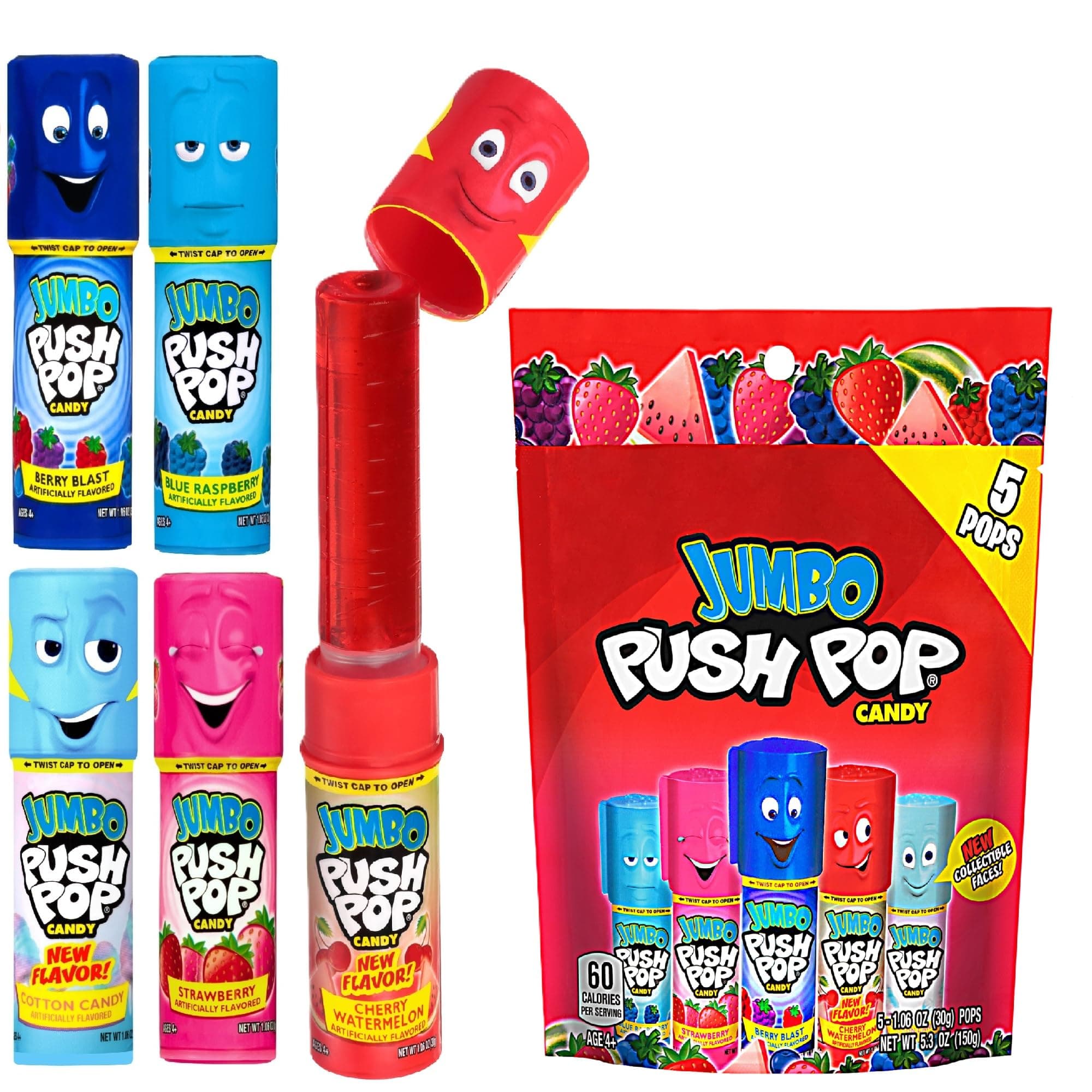 Push Pop Jumbo Lollipop Candy Assortment - Strawberry, Blue Raspberry, Berry Blast, Cherry Watermelon , 5 Count