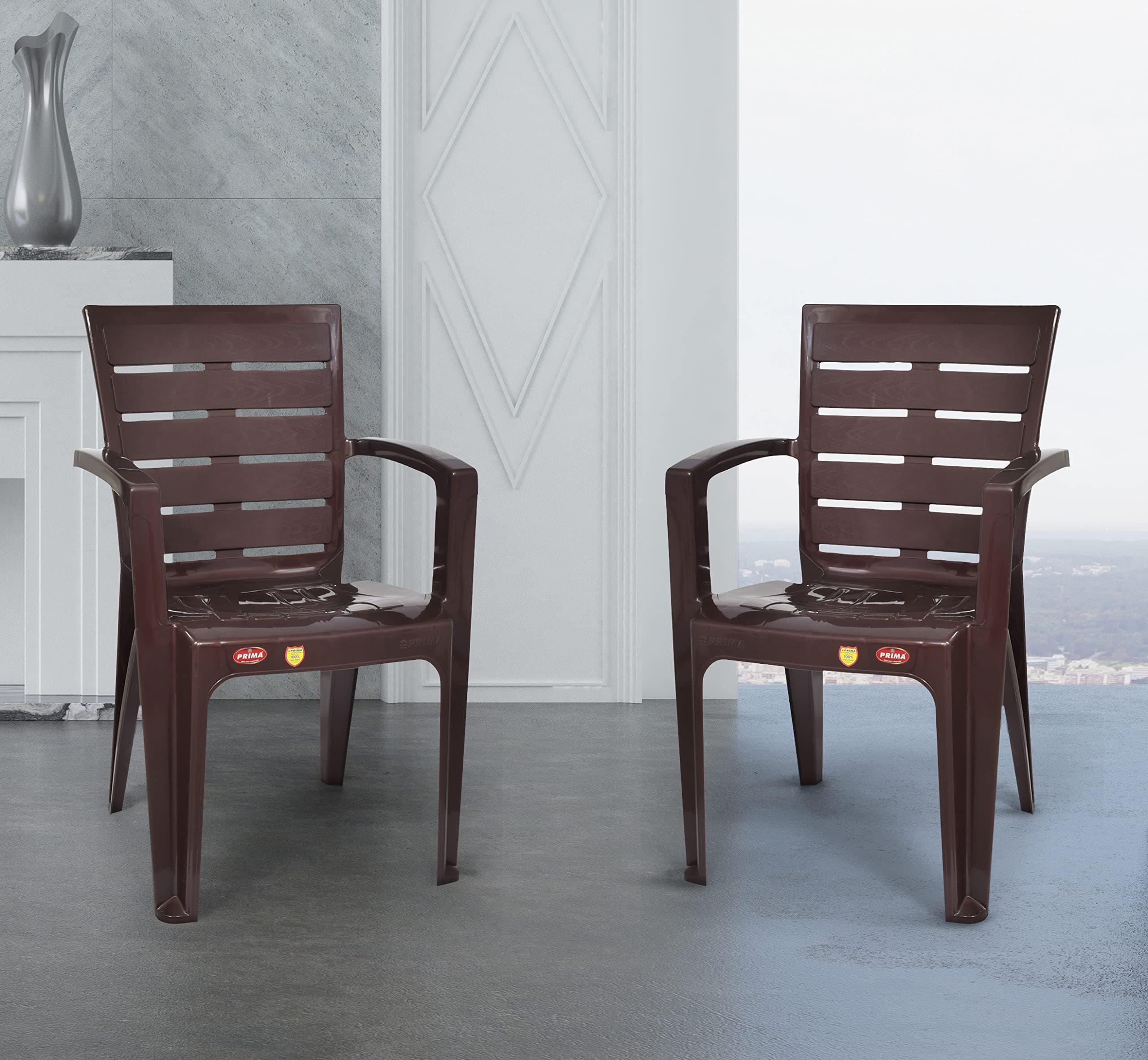 Plastic Chair for Living Room | Set of 2 | Chair for Home, Living Room, Multipurpose | Stackable Chair with arm | 100% Virgin Plastic | Big Boss 2 (Weather Brown Colour)