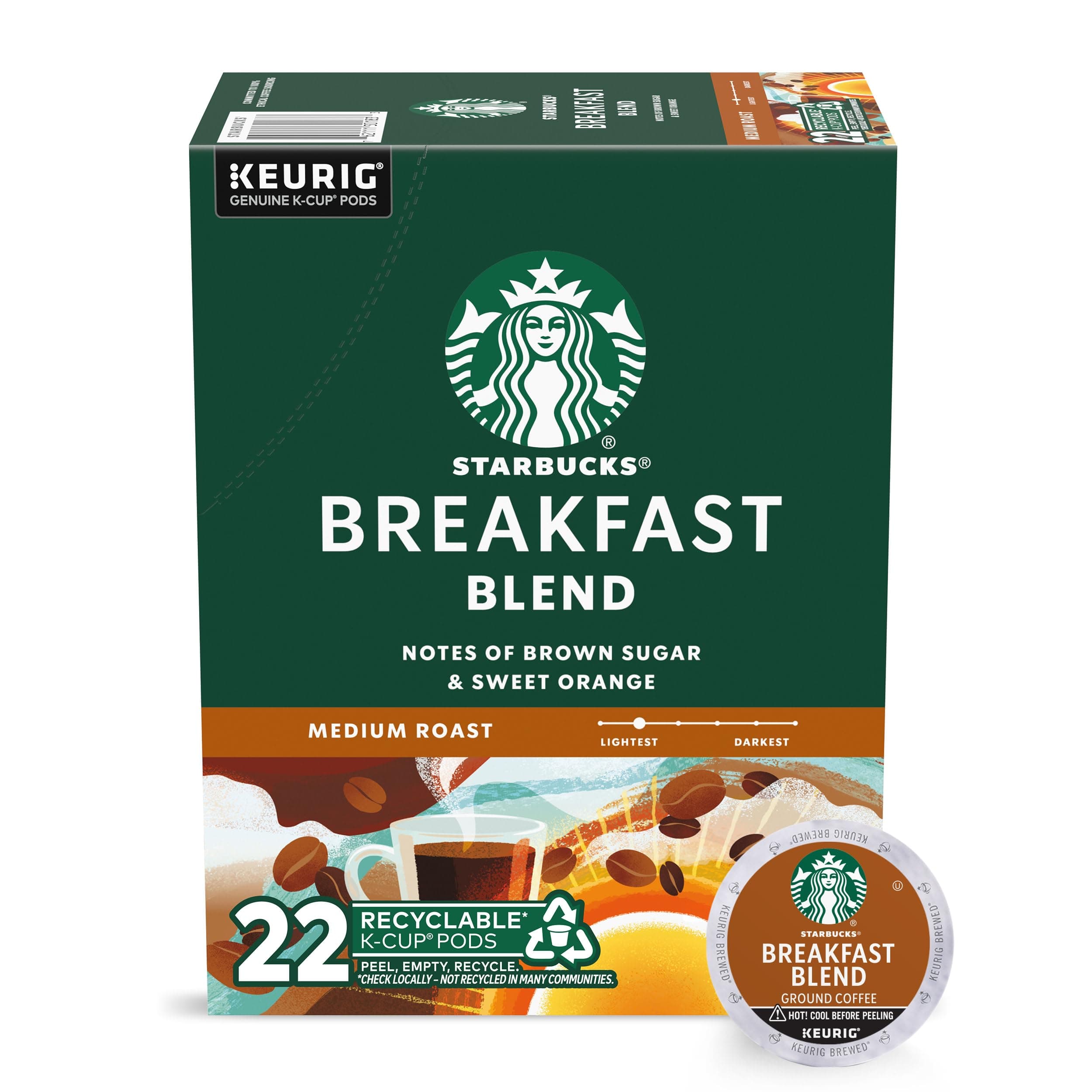 Starbucks K-Cup Coffee Pods, Medium Roast Coffee, Breakfast Blend for Keurig Coffee Makers, 100% Arabica, 1 box (22 pods)