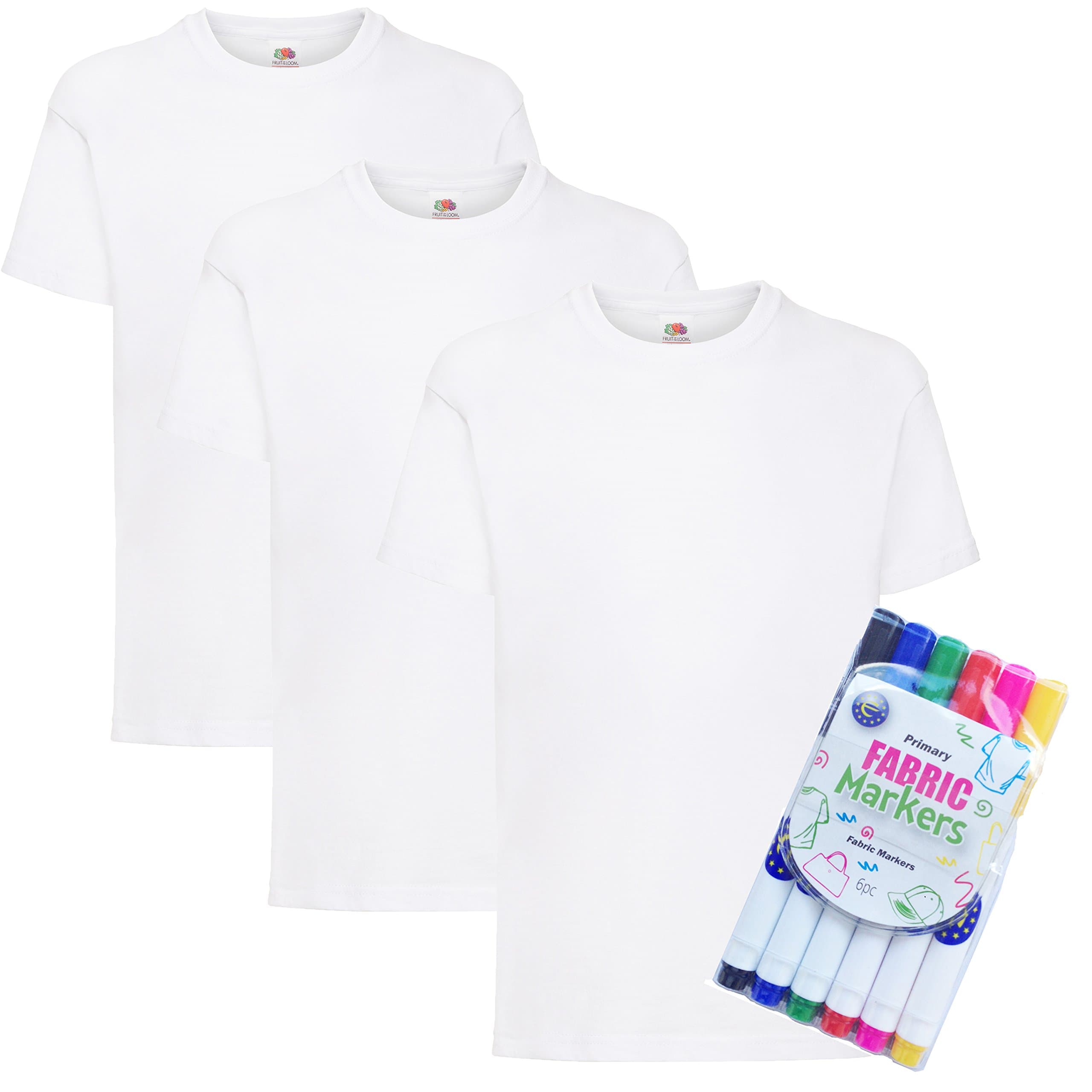 3 Pack Childrens Fruit of the Loom T Shirts with Free Fabric Pens (5/6, White)