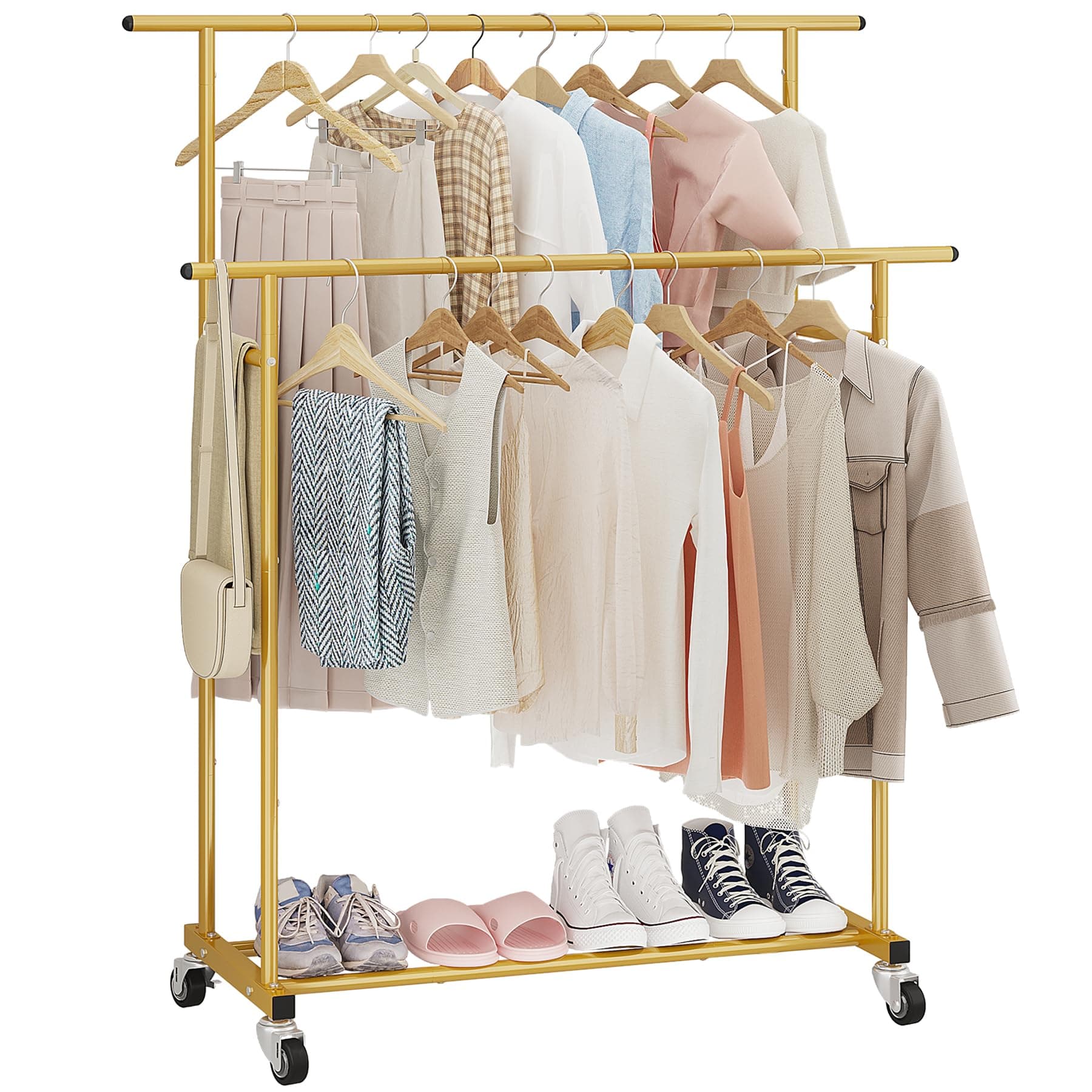 Double Rod Clothing Garment Rack,Rolling Hanging Clothes Rack,Portable Clothes Organizer for Bedroom,Living Room,Clothing Store,Gold