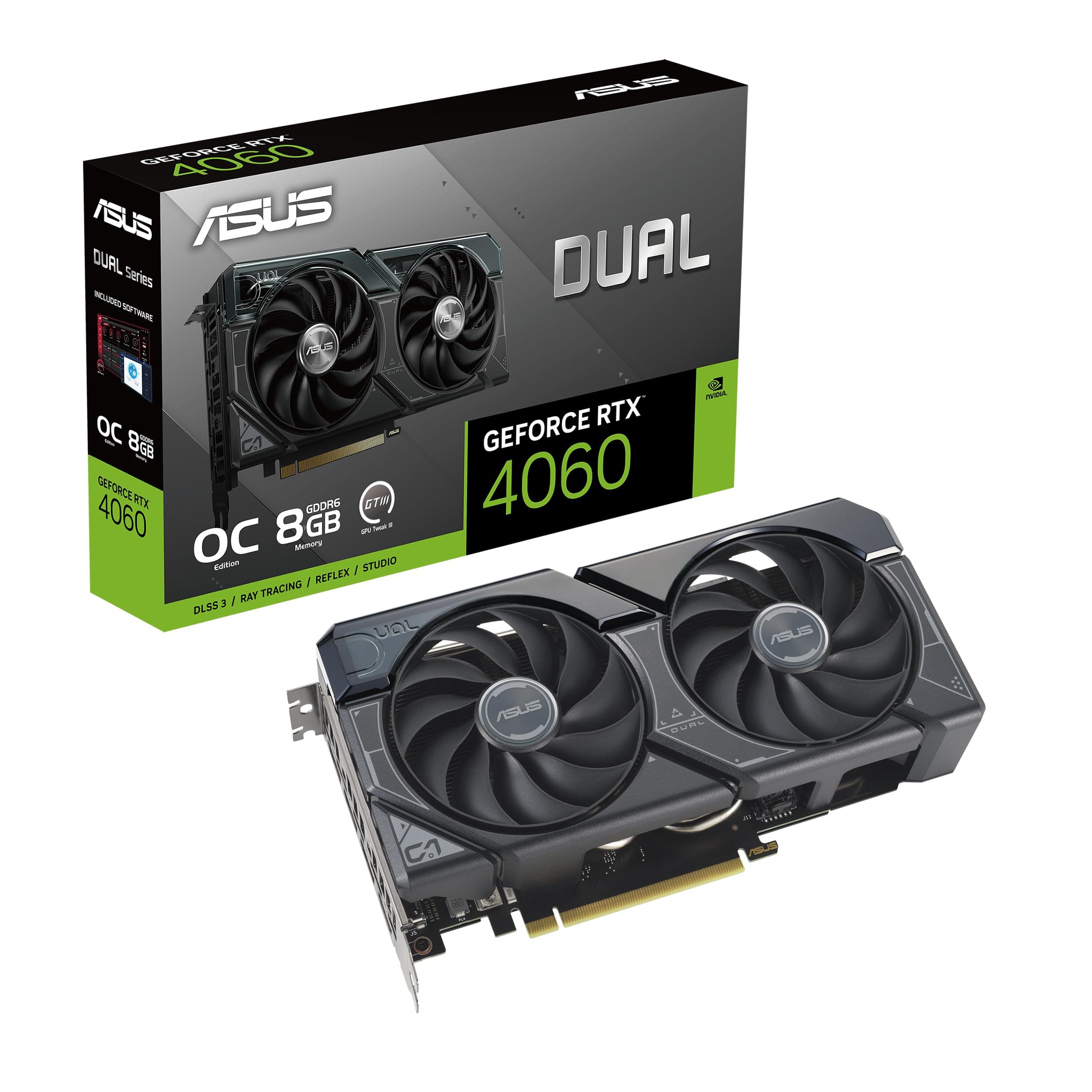 ASUS Dual GeForce RTX 4060 OC Edition 8GB GDDR6 (PCIe 4.0 8GB GDDR6 DLSS 3 HDMI 2.1a DisplayPort 1.4a 2.5 Slot Design, Including Axial-tech Fan Design 0dB Technology)