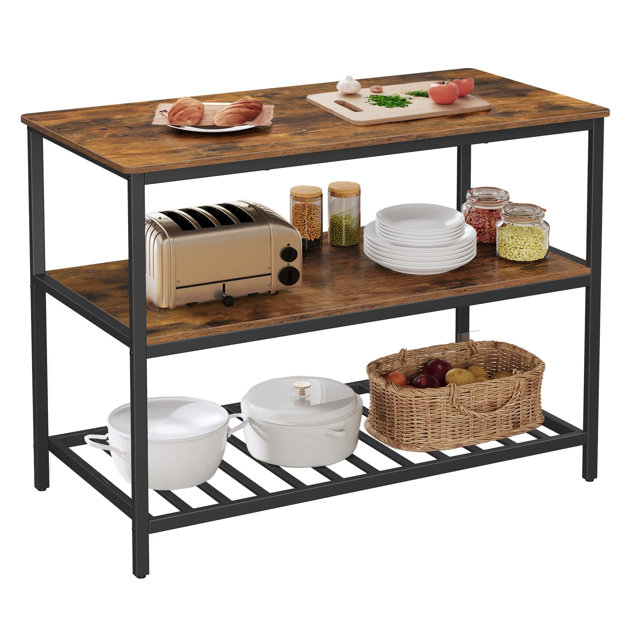 Kitchen Island with 3 Shelves, 47.2 Inches Width Kitchen Shelf with Large Worktop, Stable Steel Structure, Industrial, Easy to Assemble, Rustic Brown and Black UKKI01BX