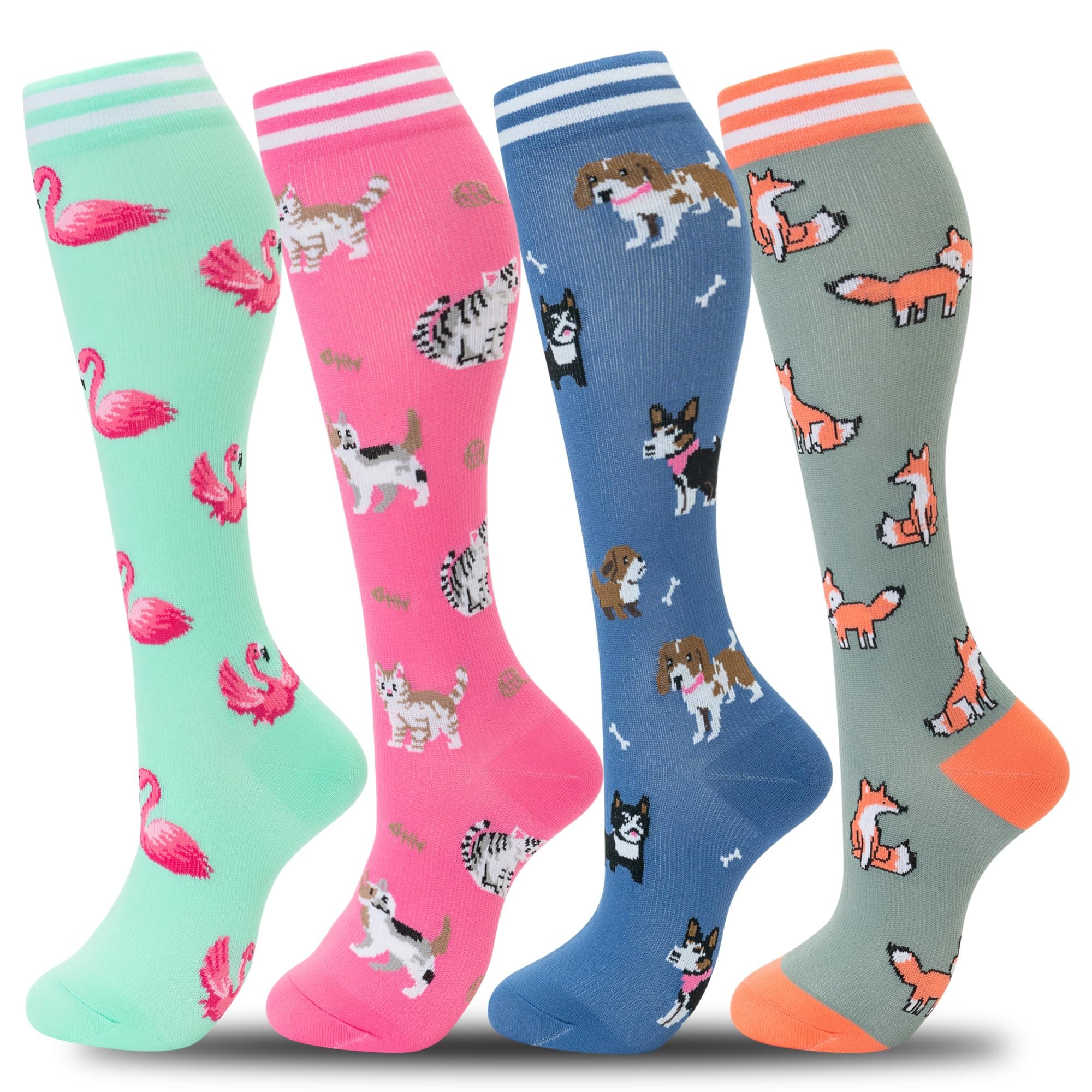 fenglaodaCompression Socks Women Men 4 Pairs, Knee High Support Socks for Running, Sports, Travel, Flight, Nurse