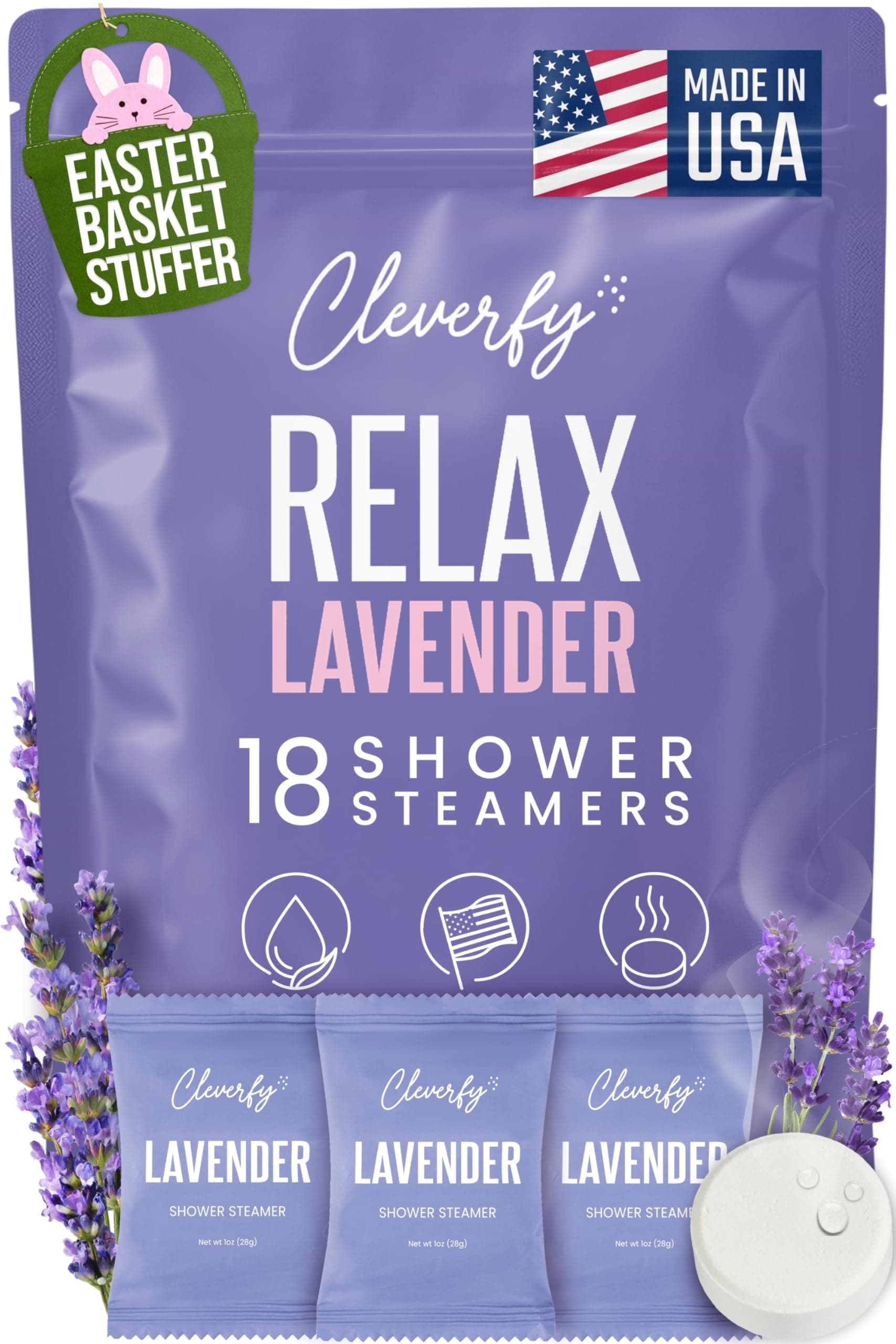 Cleverfy Lavender Shower Steamers Aromatherapy - Easter Basket Stuffers for Teens and Adults - Easter Gifts for Women and Men, Girls and Boys - 18 Tablets