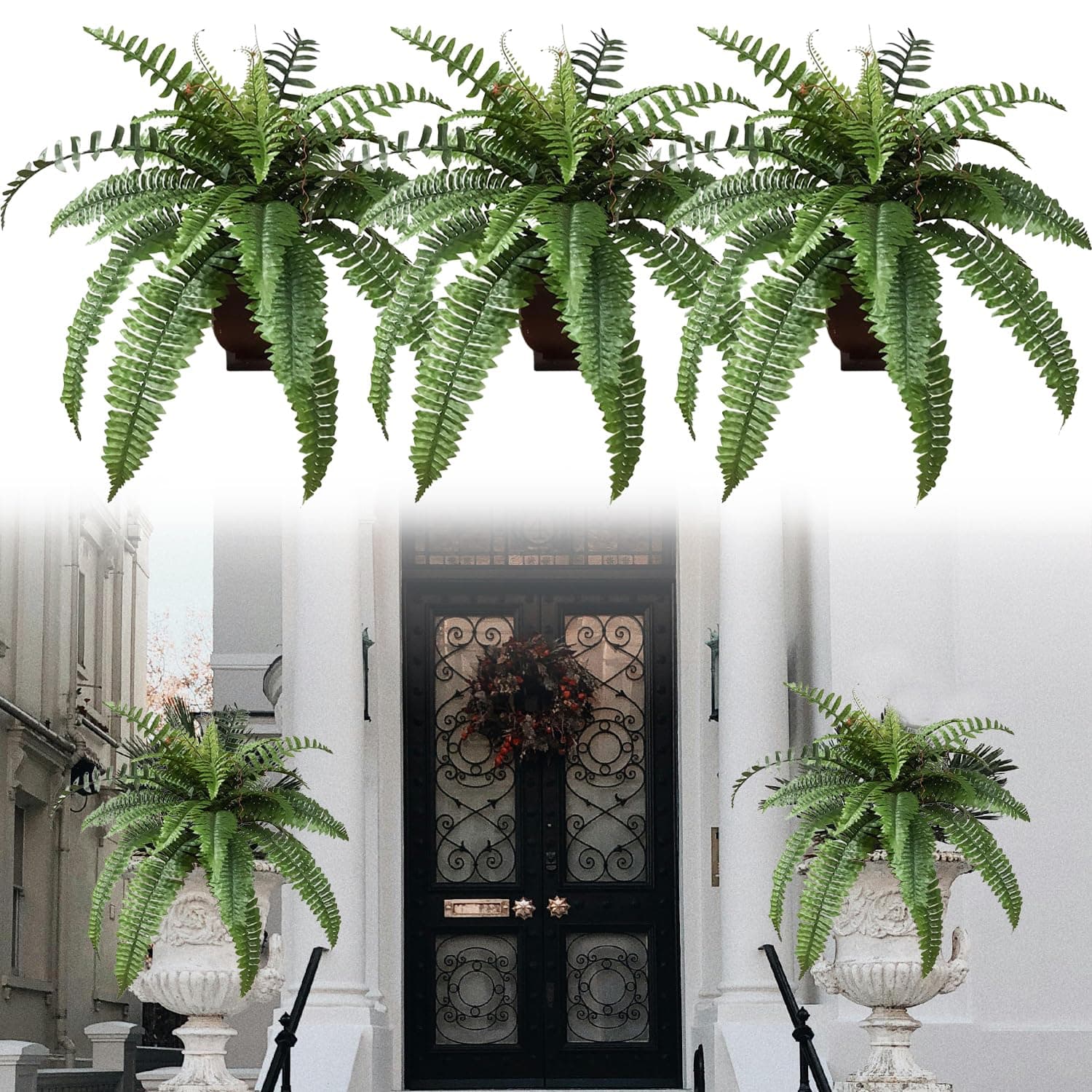 S-SNAIL-OO UV Resistant Lifelike Artificial Boston Fern, Artificial Ferns for Outdoors, Artificial Plants & Flowers Porch Decor, Ferns Artificial Plants Home Decor (2)