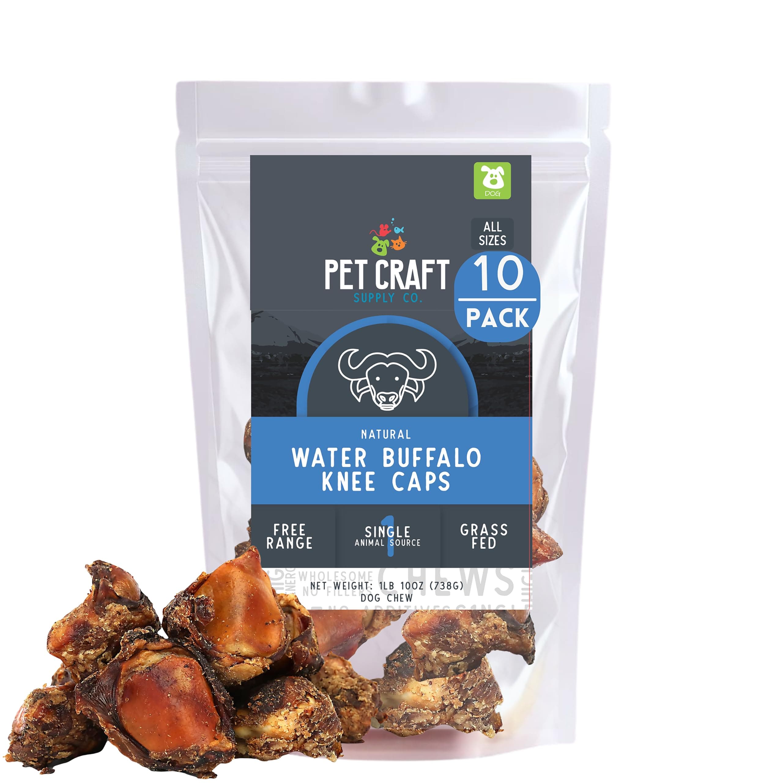 Pet Craft Supply Meaty Buffalo Knee Caps Bones 10-Pack Dog Treats for Aggressive Chewers, Rawhide Free Grain Free All Natural Slow Roasted Long Lasting Chew